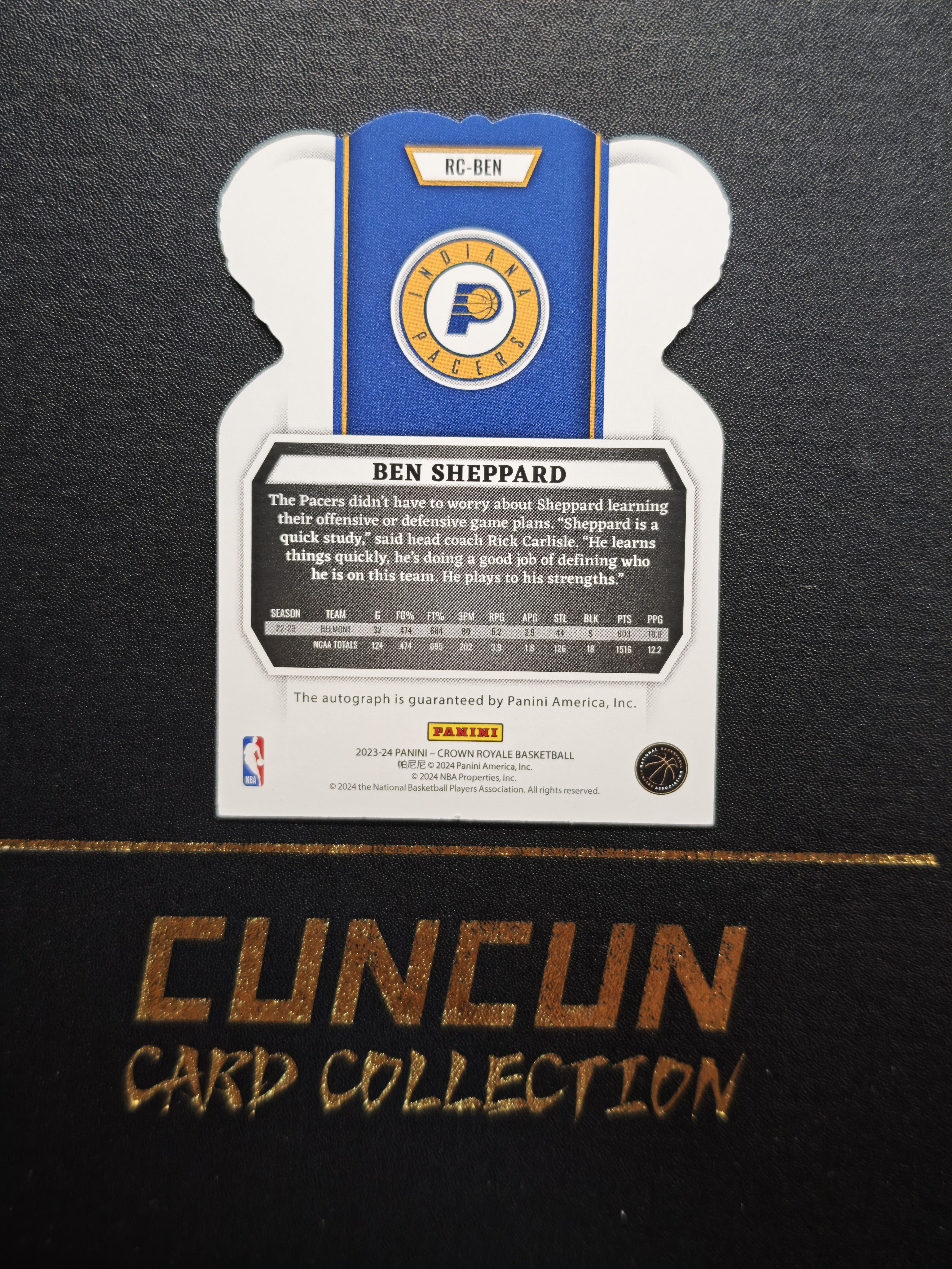 2023-24 Panini Crown Royale Ben Sheppard NBA 皇冠 步行者 本 谢泼德 RC新秀 银折 /75编 签字卡 潜力新星【CUN拍卖-TT】