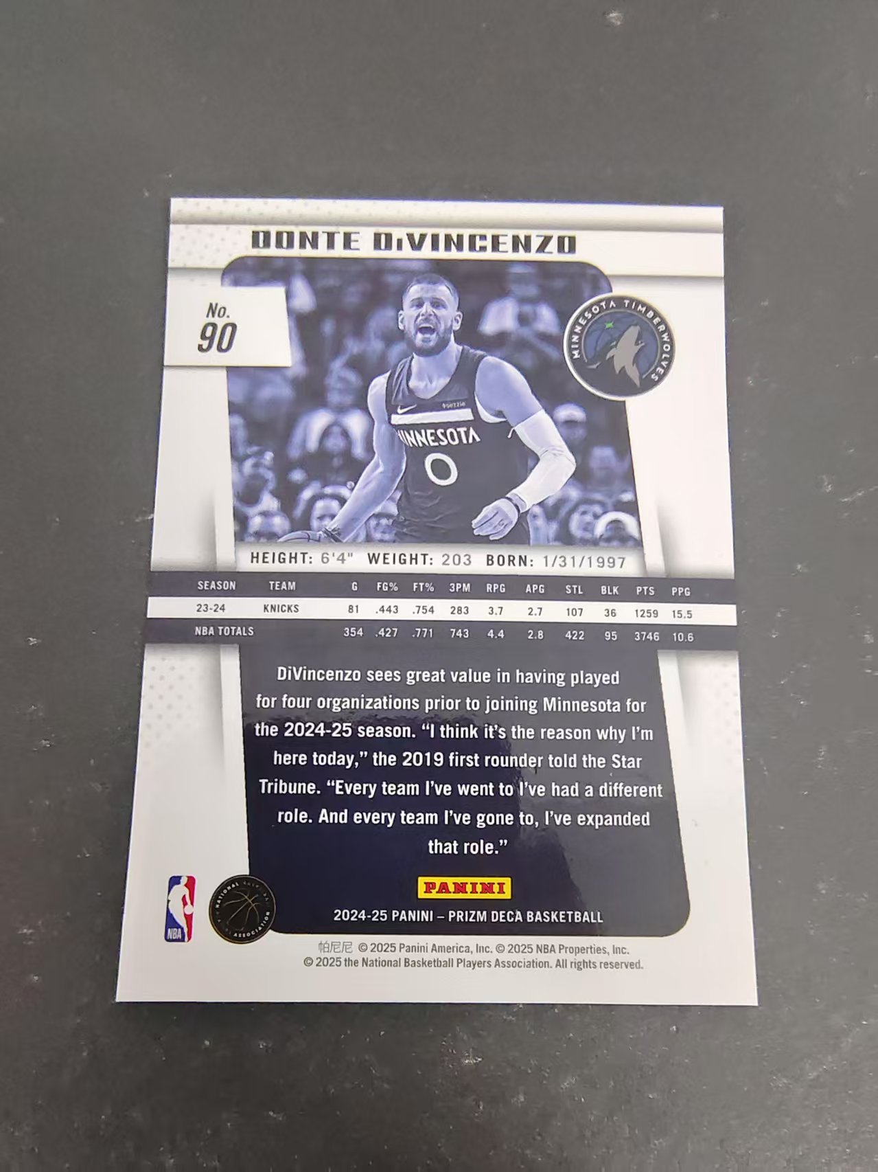 【可合并,不累计】2024-25 Panini Prizm Deca Donte DiVincenzo 迪温琴佐 迪文琴佐 森林狼 PZ 复刻 划痕 边角瑕疵 #90