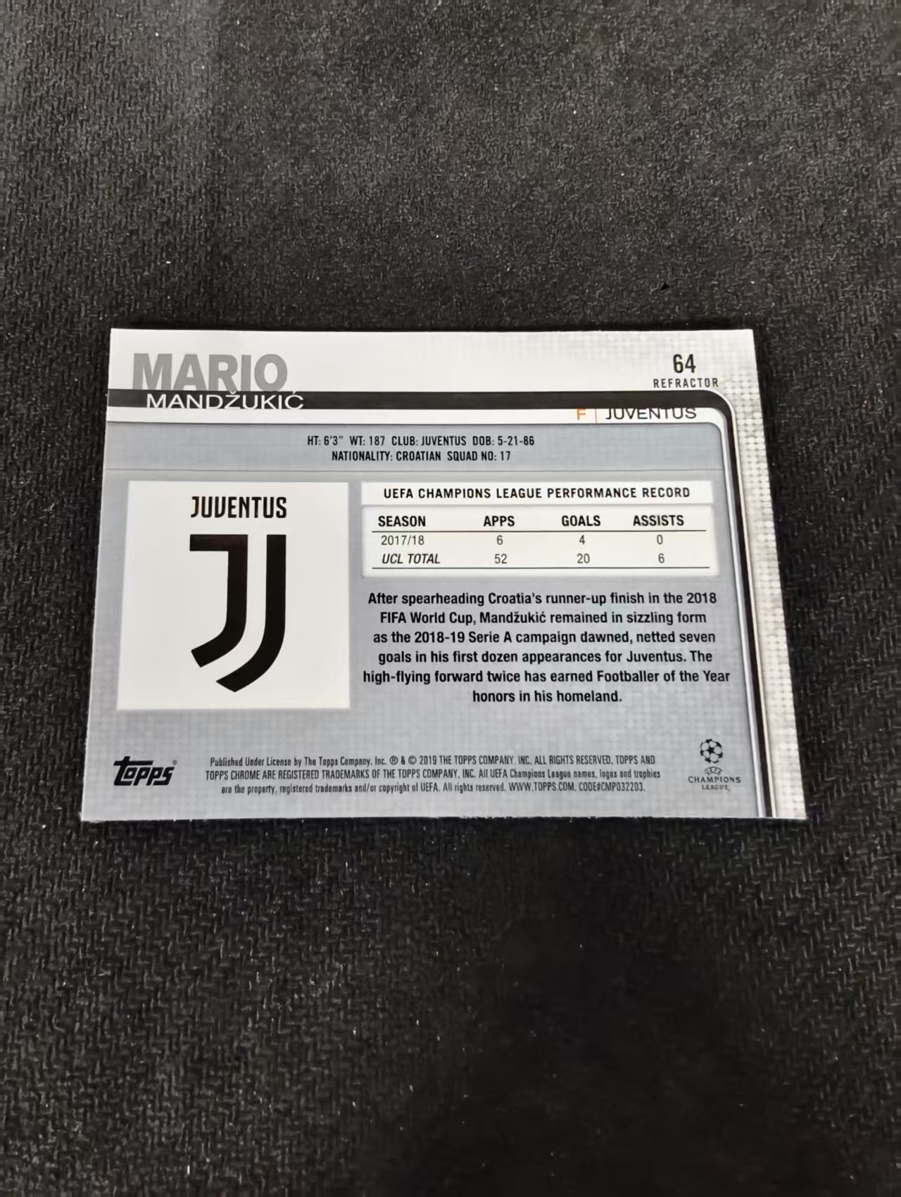 【可合并,不累计】2019 Topps Chrome Mario Mandzukic 欧冠TC 尤文图斯 曼朱基奇 银折 划痕 边角瑕疵 #64