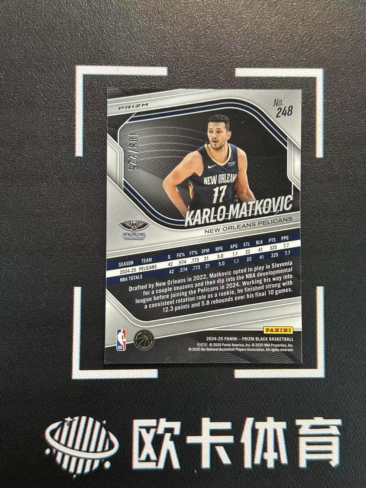 2024-25 Panini Prizm Black Karlo Matkovic RC 【欧卡体育】pz 新秀 马特科维奇 225编 篮球折 鹈鹕 卡品如图(YDD)