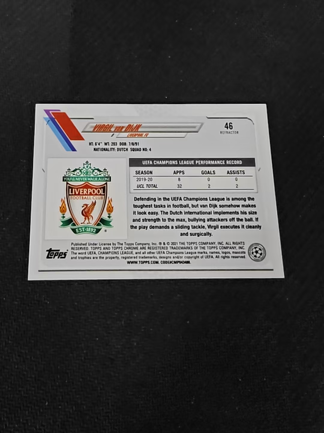 【可合并,不累计】2021 Topps Chrome Virgil van Dijk 范戴克 利物浦 银折 欧冠 划痕 边角瑕疵 #46