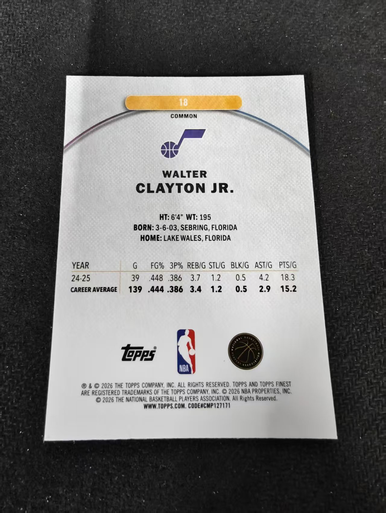 2026 Topps Finest 爵士 WALTER CLAYTON JR 小沃尔特 克莱顿 新秀RC 油漆折 涂鸦折 油画折 油泼折 瑕疵如图
