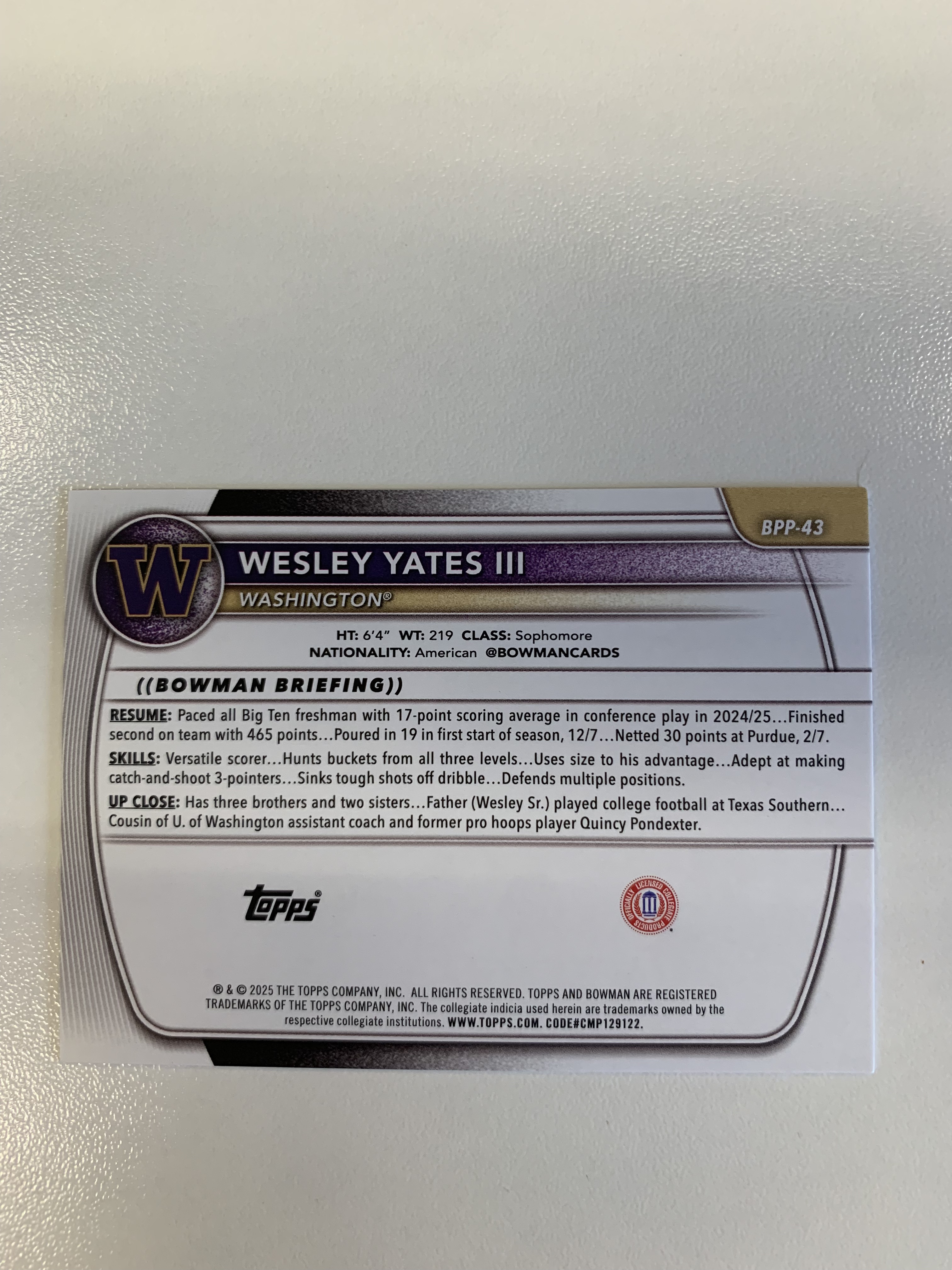 2025-26 Topps Bowman Chrome Wesley Yates III 韦斯利耶茨 三世 大学 1st Paper纸卡 10编黑印花 华盛顿大学 LS