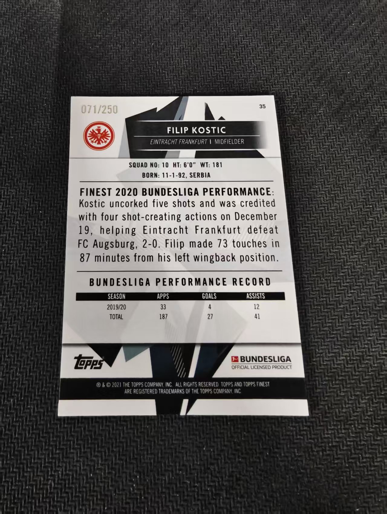 【可合并,不累计】2021 Topps Finest Filip Kostic 德甲 美因茨 科斯蒂奇 紫折 250编