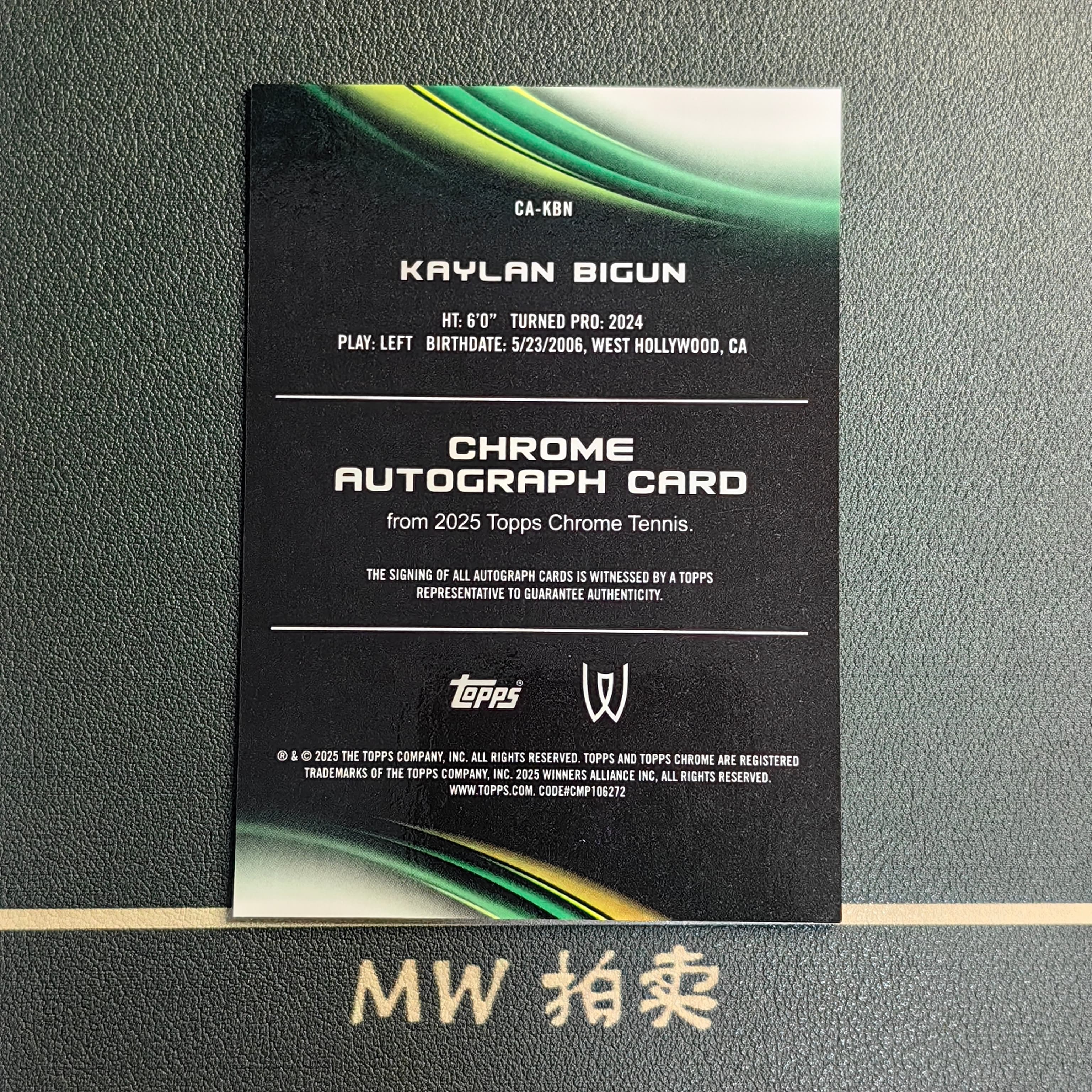 【MW拍卖】 凯兰 比根 RC新秀 签字 AUTO 2025 Topps Chrome 蓝宝石 银碎冰折 网球 KAYLAN BIGUN 美国 -璐