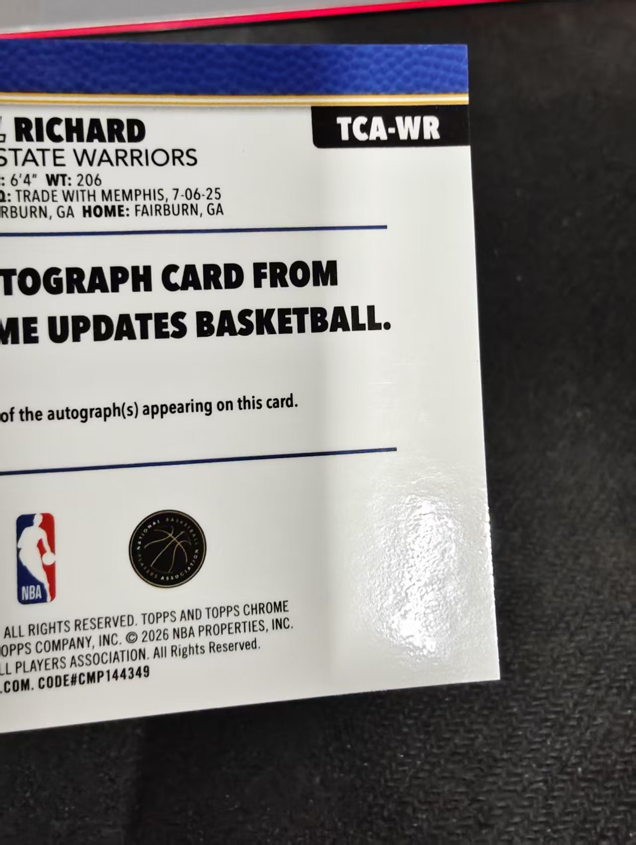 2026 Topps Chrome Update 勇士 Will Richard 威尔 理查德 新秀RC 签字 瑕疵如图