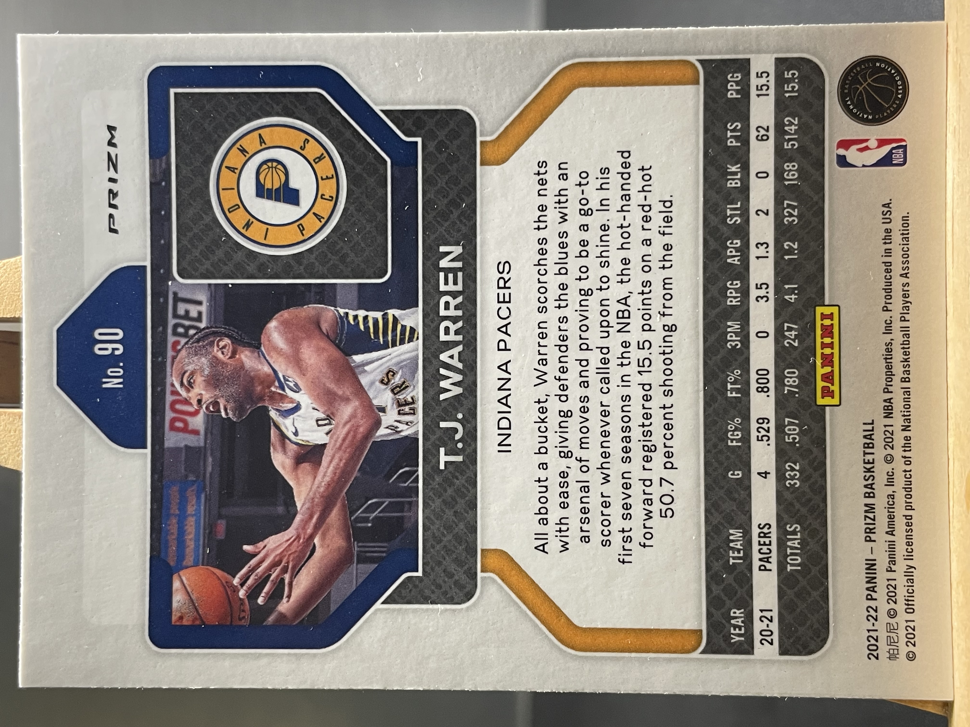 (A1) 2021-22 PANINI PRIZM 蓝波纹 T.J.沃伦 步行者 实卡好看 收藏凑套必备 卡品如图 !!!