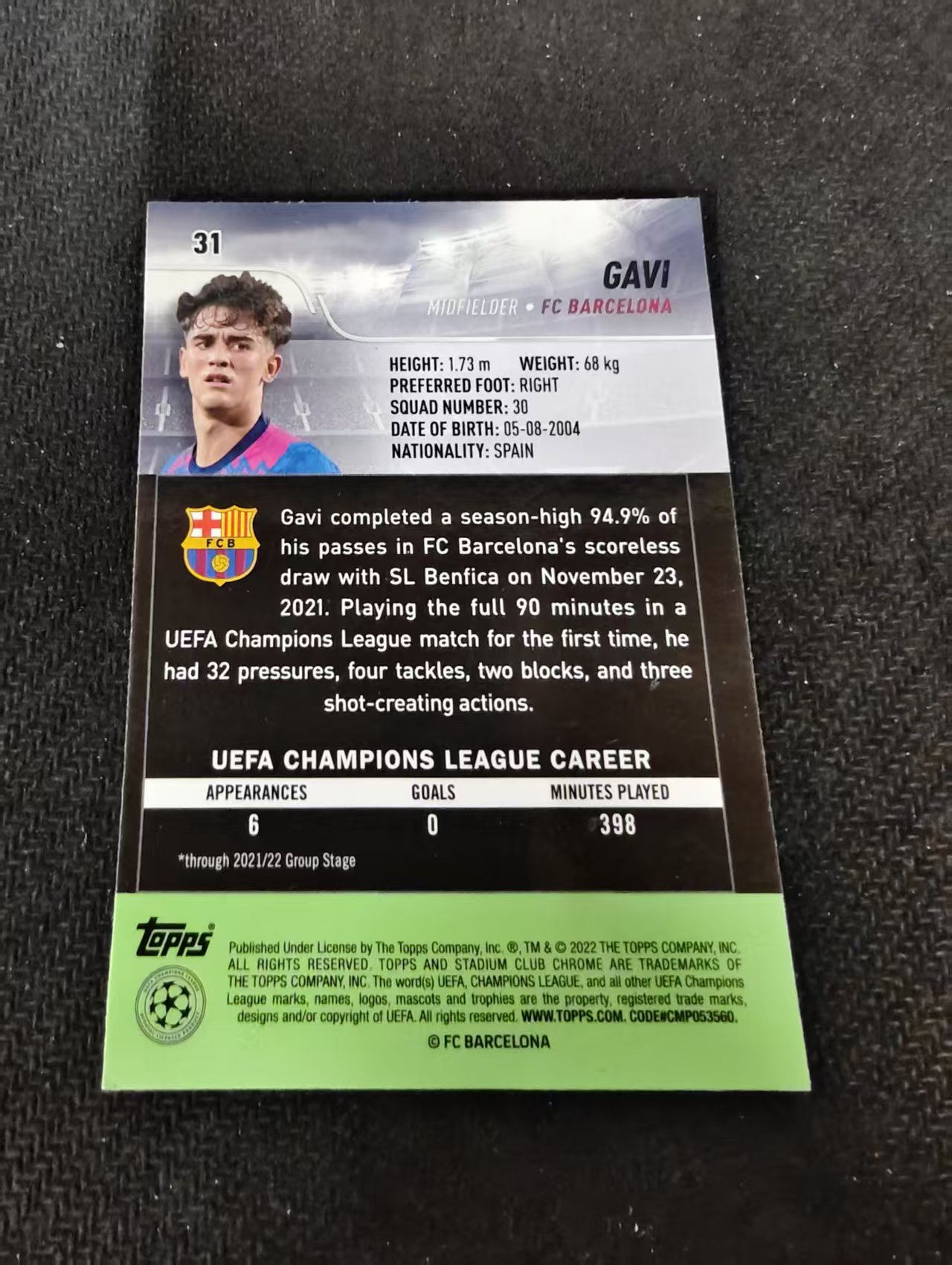【可合并,不累计】2022 Topps Stadium Club Chrome GAVI RC 巴塞罗那 巴萨 新秀RC 加维 竞技场 欧冠 不保卡品 介意勿拍 #31
