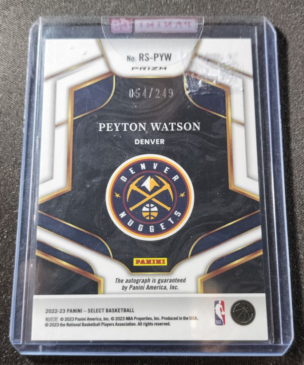 2022-23 Panini Select Peyton Watson RC 新秀RC 佩顿 沃特森 掘金 银折 签字 /249编 原封夹 瑕疵如图 约老师队友 未来可期