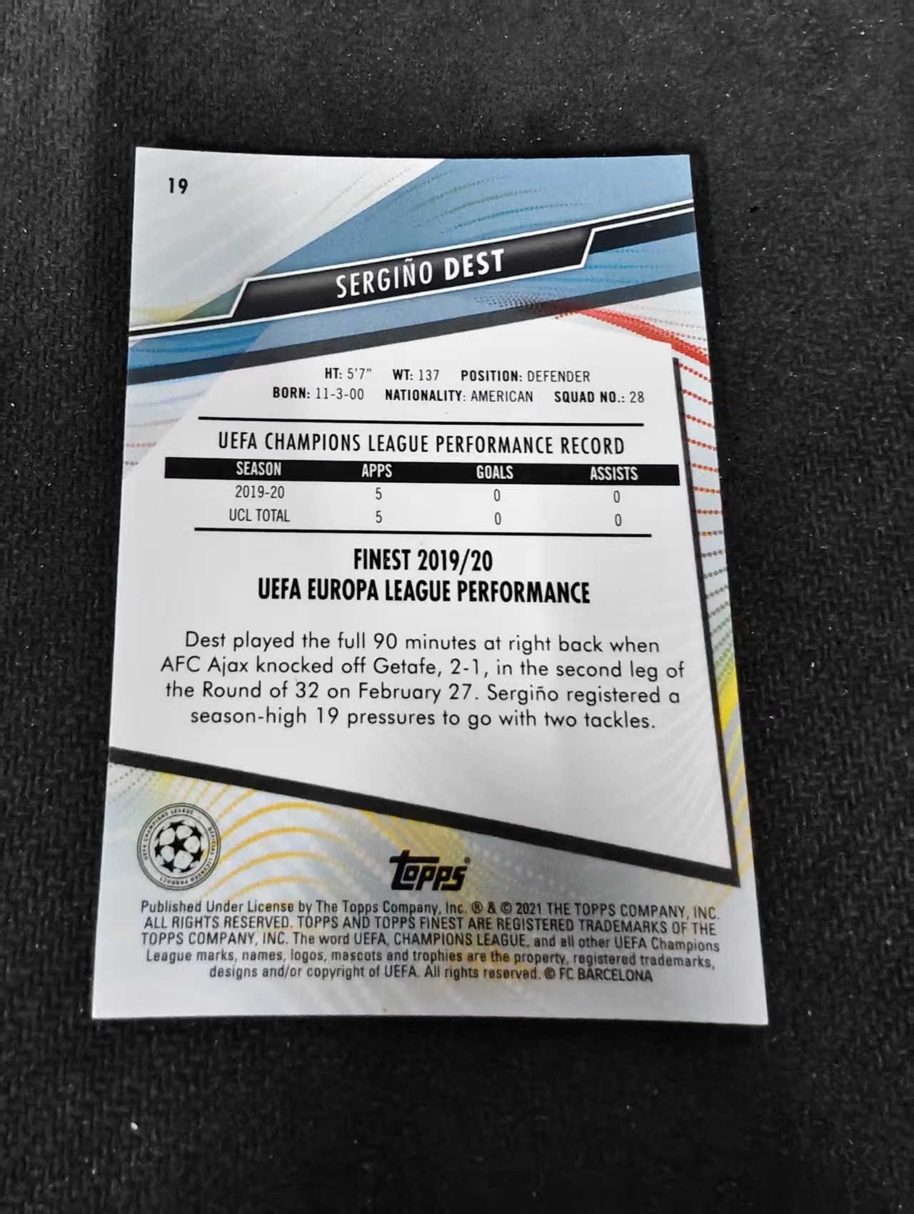 【可合并,不累计】2021 Topps Finest Sergino Dest 欧冠 巴塞罗那 巴萨 德斯特 划痕 边角瑕疵 #19