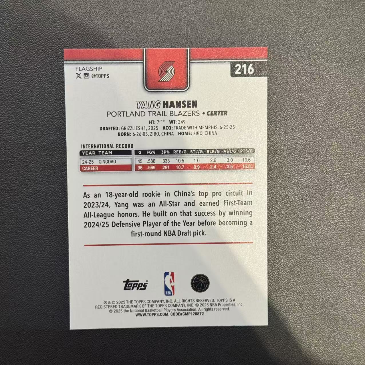 2025-26 Topps flagship 杨瀚森 RC 【猴猴旺卡】 开拓者 普卡 新秀 元年新产品 卡品如图 接代拍【叁叁】