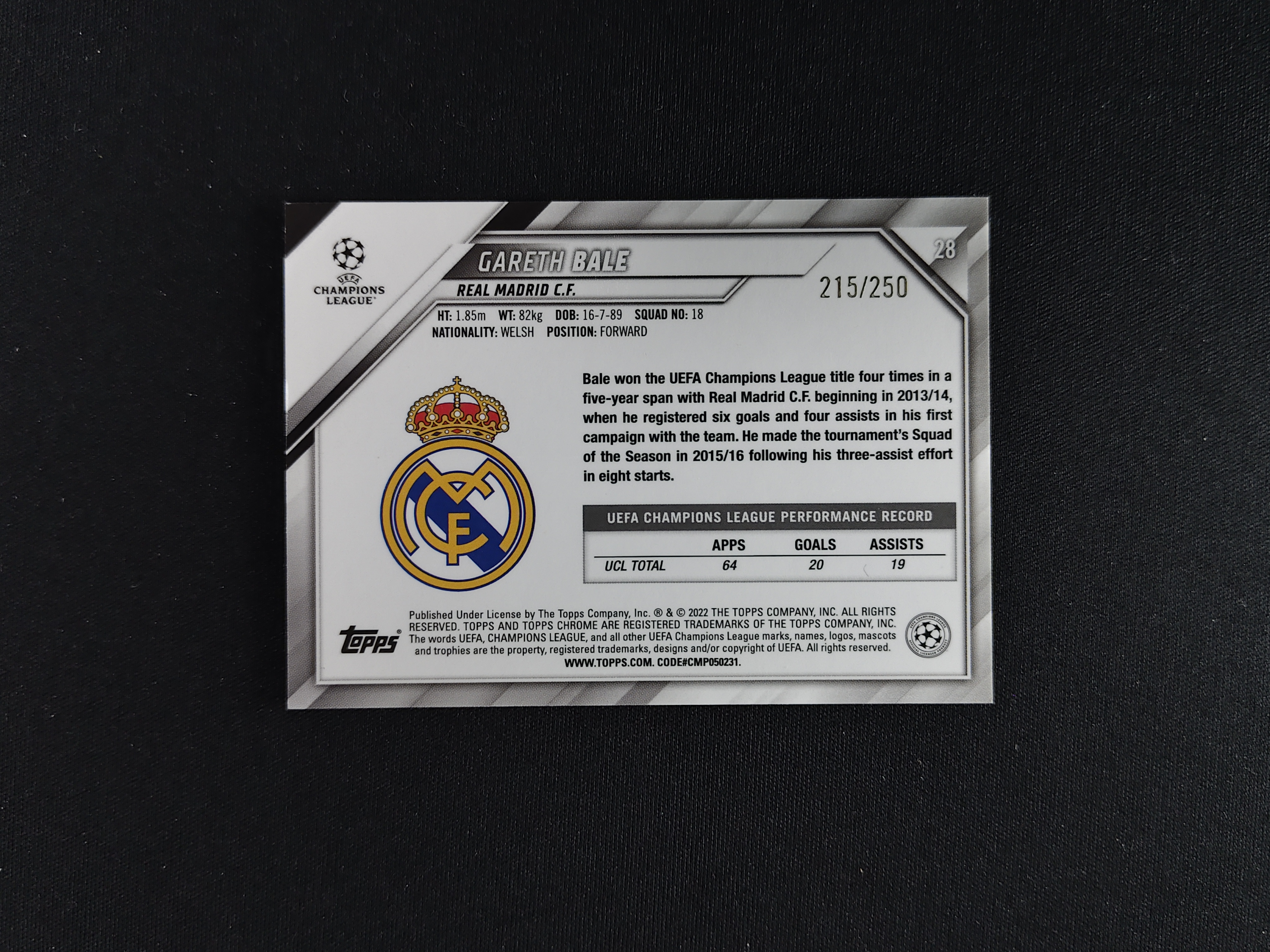 2022 Topps Chrome Gareth Bale 欧冠【免费接代拍】皇马 贝尔 250编 紫折射镜折 实卡精美 卡品如图