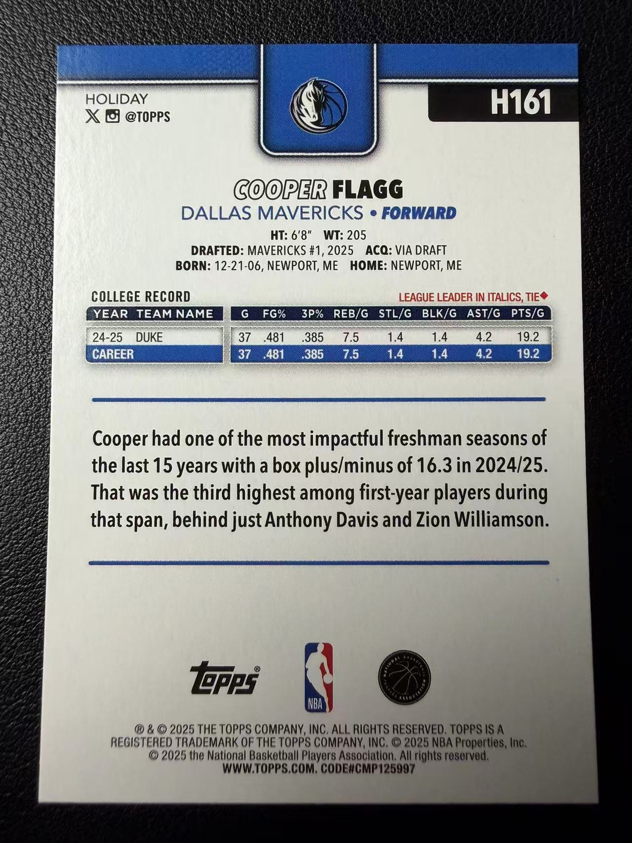 2025 Topps Holiday Cooper Flagg RC Topps 假日系列 独行侠 库珀 弗拉格 新秀 Base 圣诞元素 卡品如图(郭)2