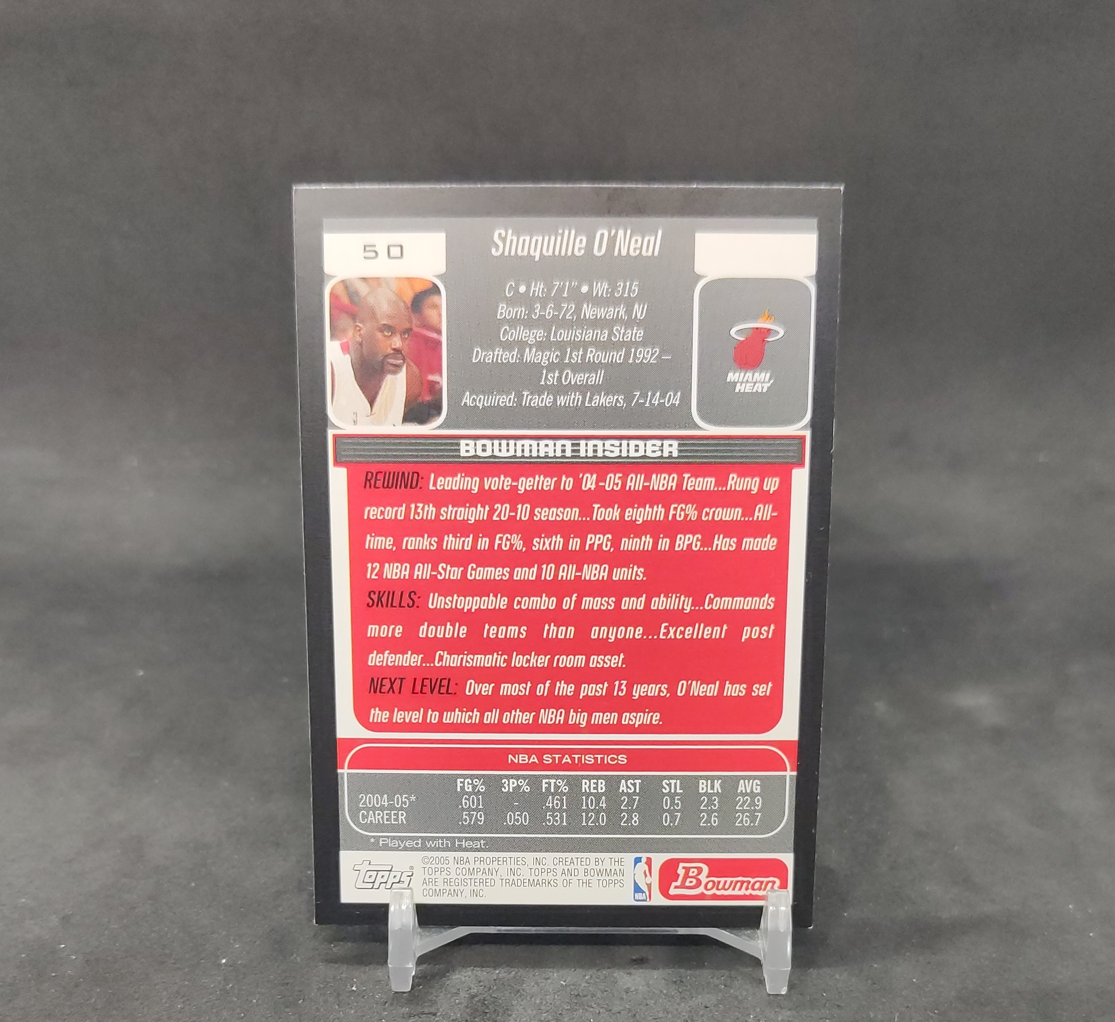 【DC拍卖】7.18 Shaquille O'Neal 沙奎尔奥尼尔 Bowman Draft Picks 热火红球衣 Base 普卡 背面生涯数据老球星卡 #50