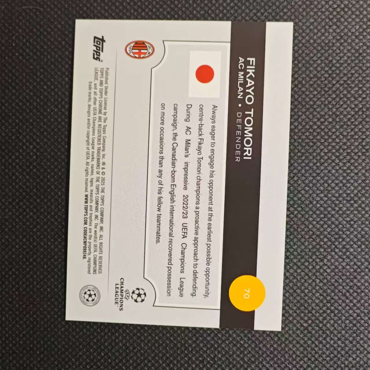 2025 Topps Chrome Fikayo Tomori 团长#70欧冠 AC米兰 菲卡约 托莫里 英格兰 金迷宫折 05/50编 mojo折 卡品细节看图