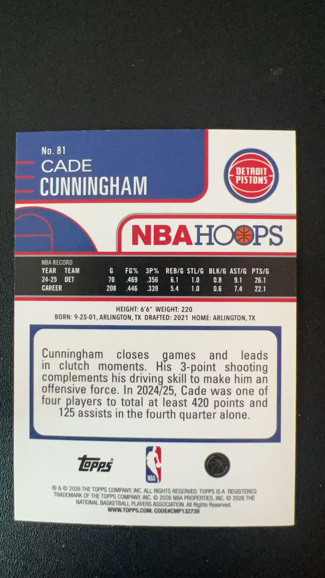 2026 Topps Hoops Cade Cunningham #81 B48