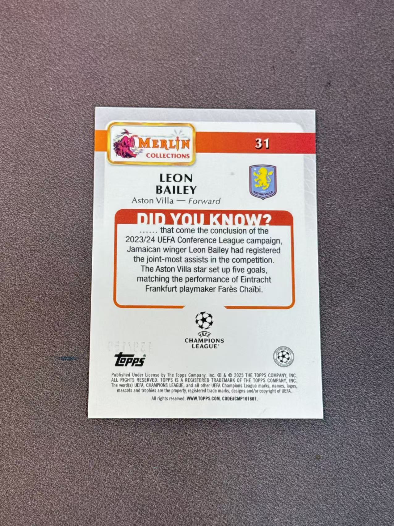 2025 Topps Merlin Leon Bailey 梅林 勒沃库森 阿斯顿维拉 利昂 贝利 蓝折 /150编