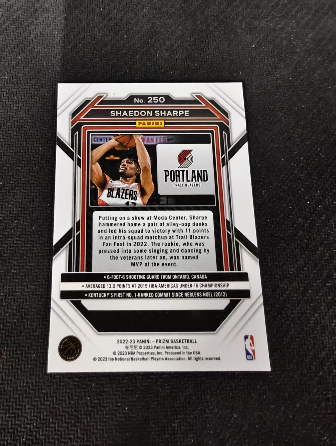 【可合并,不累计】2022-23 Panini Prizm Shaedon Sharpe RC 谢登 夏普 开拓者 新秀RC PZ 不保卡品 介意勿拍 #250