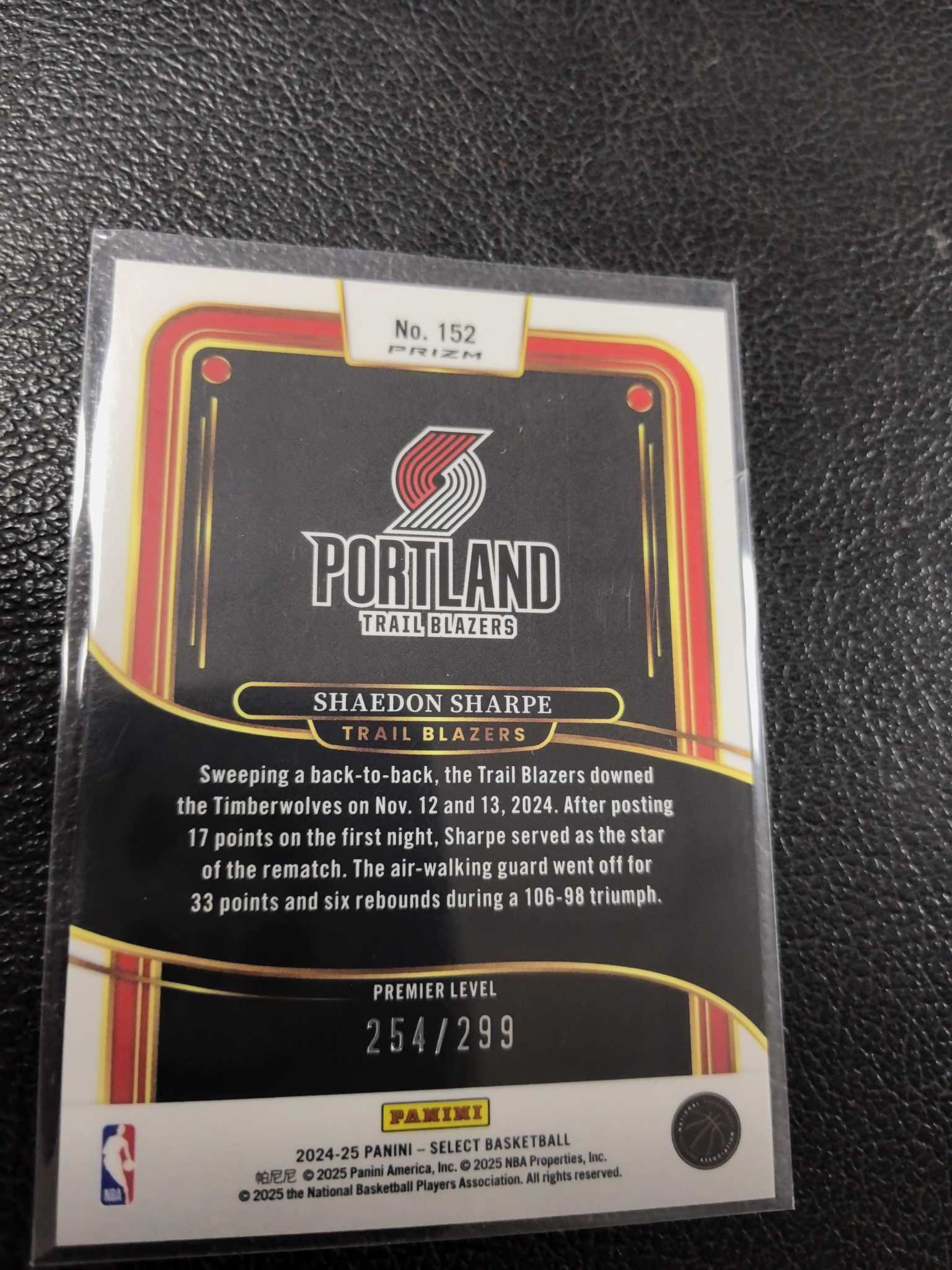 2023-24 谢登 夏普 勇士 299编 select 蓝折 开拓者 二级 12-6