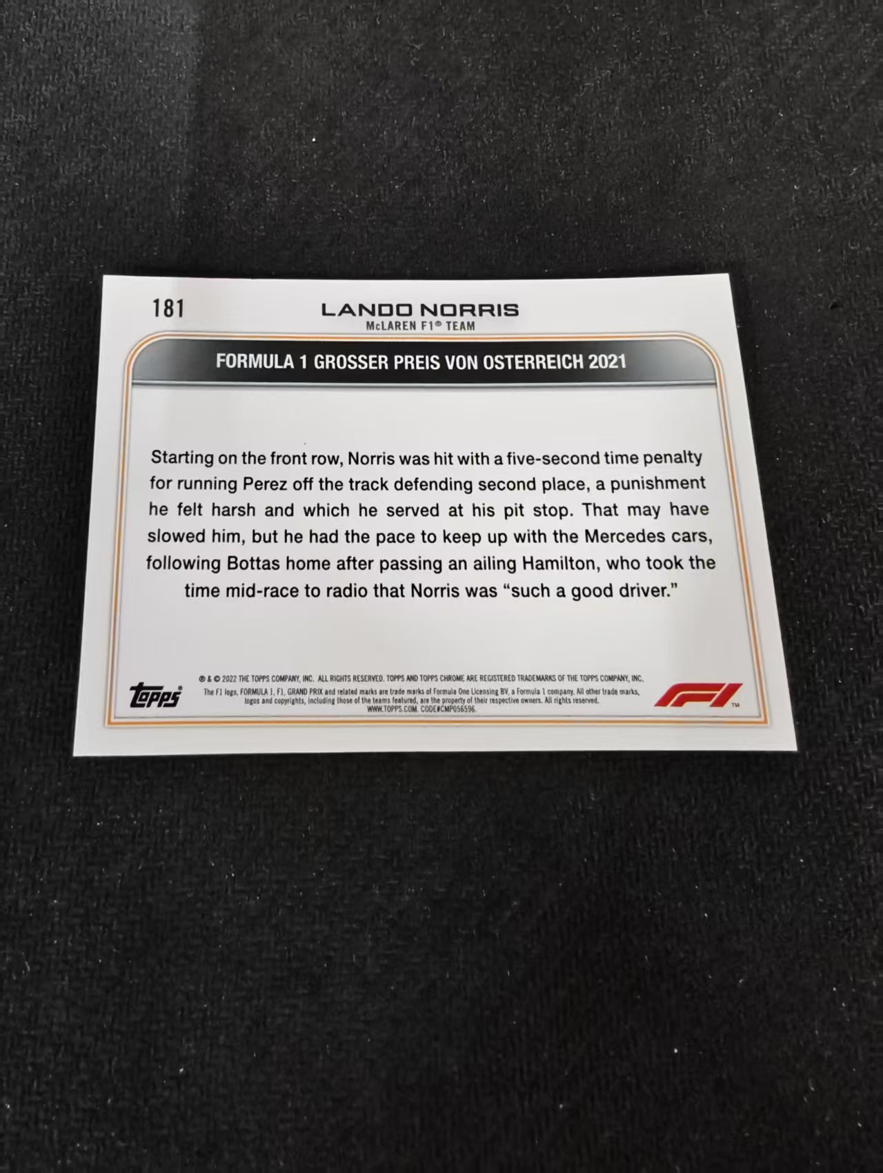 2022 Topps Chrome F1 Lando Norris 兰多 诺里斯 迈凯伦车队 划痕 边角瑕疵 #181
