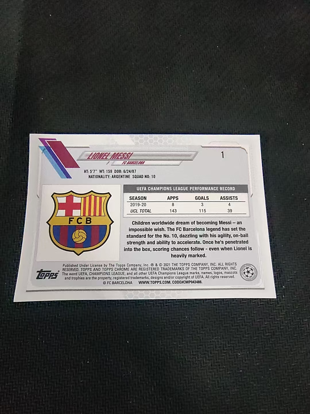 【可合并,不累计】2021 topps Chrome Lionel messi 欧冠 巴萨 梅西 划痕 边角瑕疵 @1