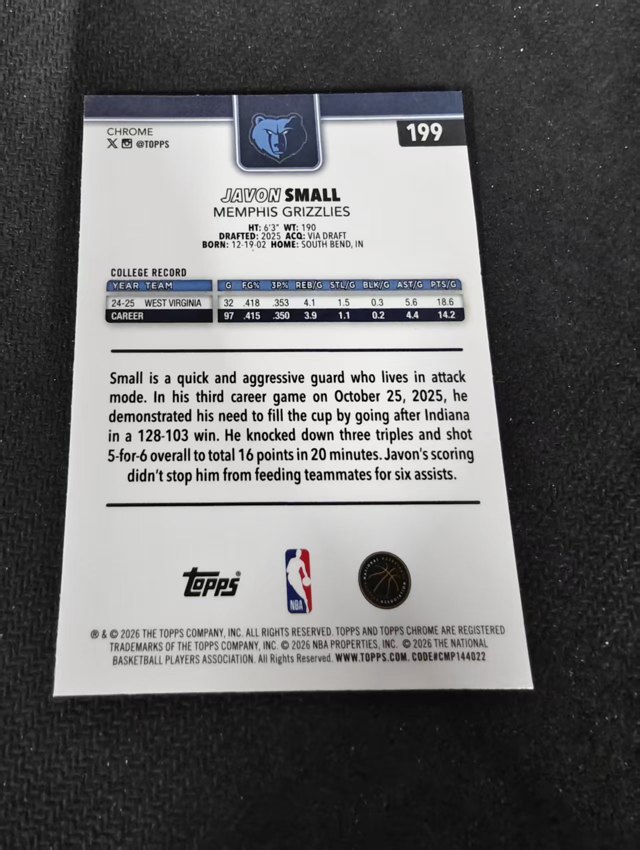 2026 Topps Chrome Updates Javon Small RC 灰熊 新秀 贾冯 斯莫尔 hyper折 瑕疵如图