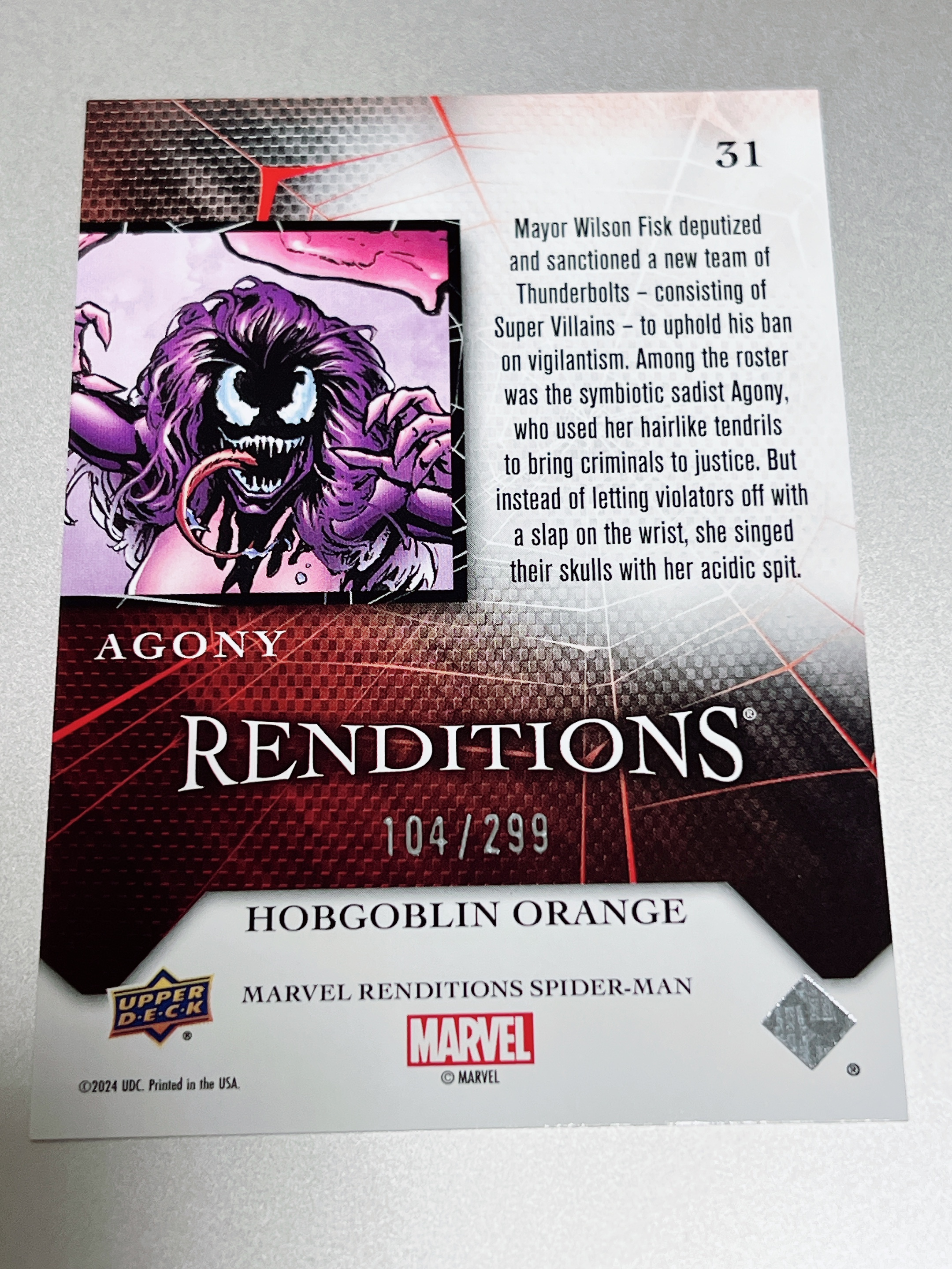 2024 Upper Deck Marvel (MCU) renditions 漫威 蜘蛛侠 演绎 Agony 极端 限量 104/299 299编 毒液反派 蜘蛛侠 品相如图 凑套必备