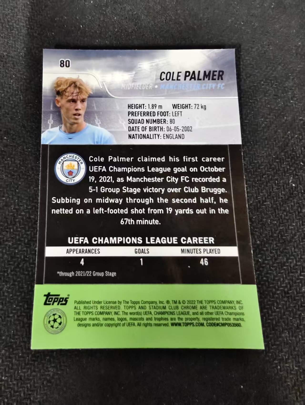【可合并,不累计】2022 Topps Stadium Club Chrome Cole Palmer RC 曼城 帕尔默 新秀 竞技场 欧冠 划痕 边角瑕疵 #80