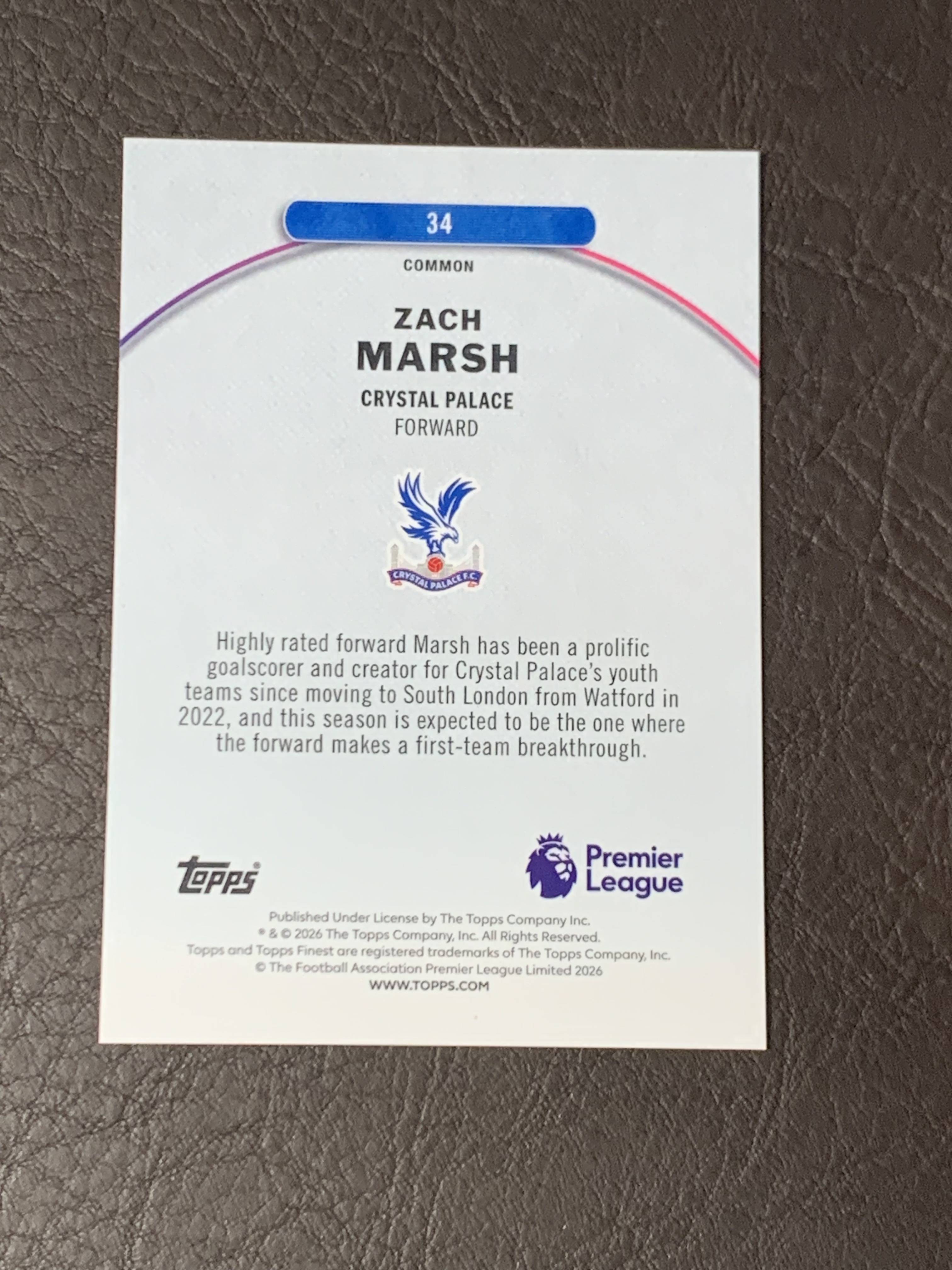 2026 Topps Finest MARSH 扎克 马什 RC 新秀 水晶宫 Zach Marsh 英超 一级 3/150 紫格子折