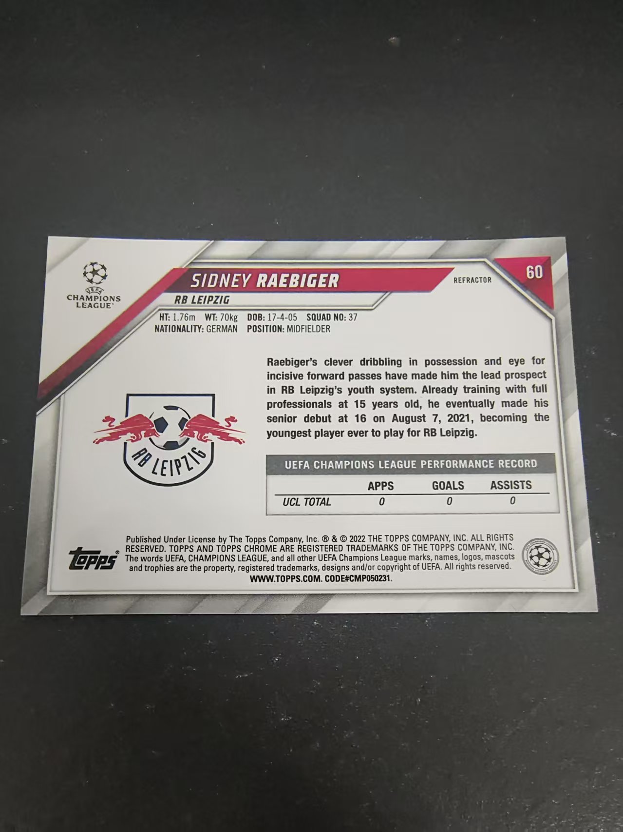 【可合并,不累计】2022 Topps Chrome Sidney Raebiger RC 西德尼·雷比格 新秀 莱比锡红牛 欧冠TC 银折 划痕 边角瑕疵 #60