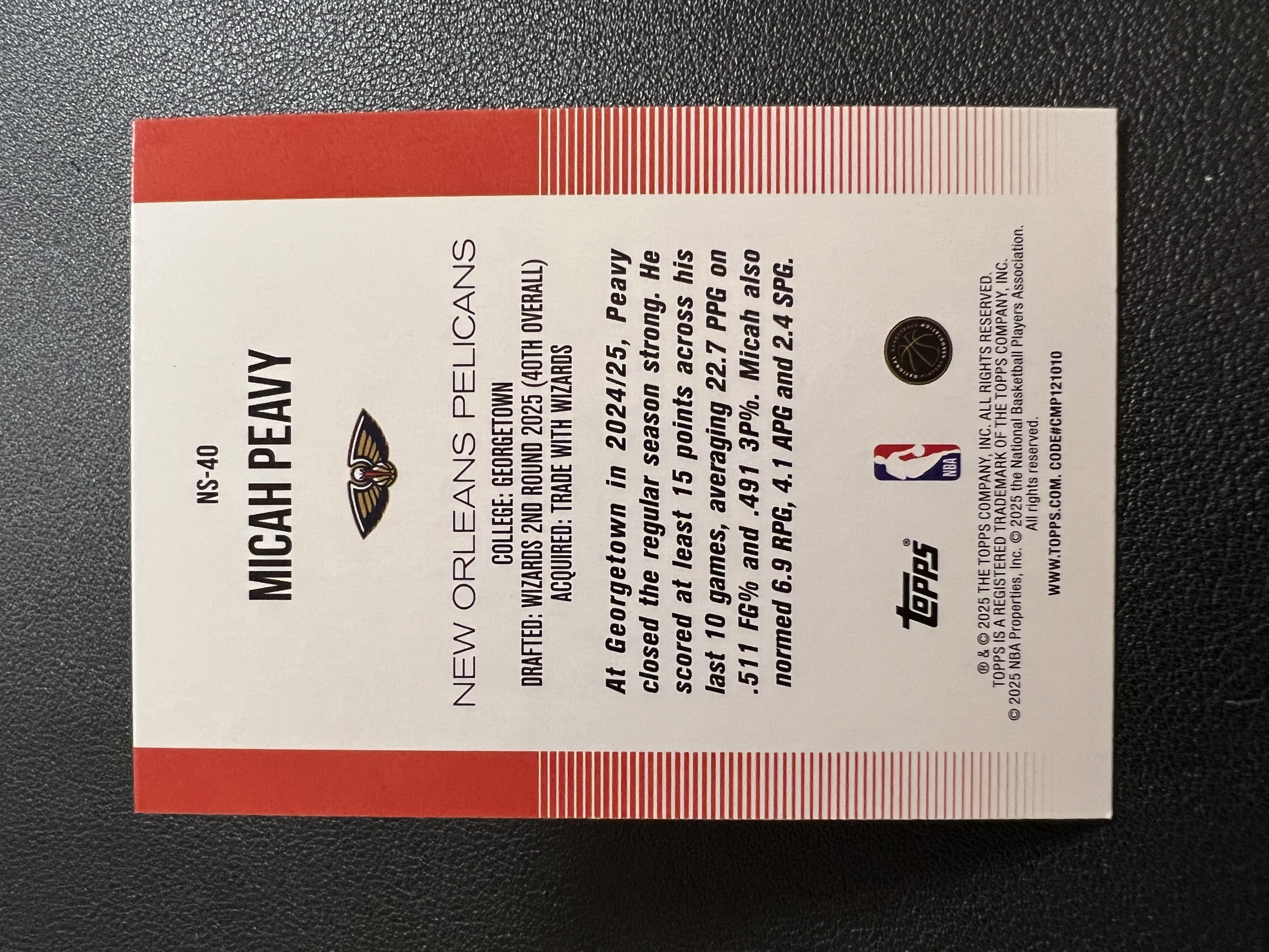 2025 Topps Flagship Micah Peavy RC 【星佑代卖】鹈鹕 新秀 迈卡 皮维 New School特卡 银折 收藏必备 航