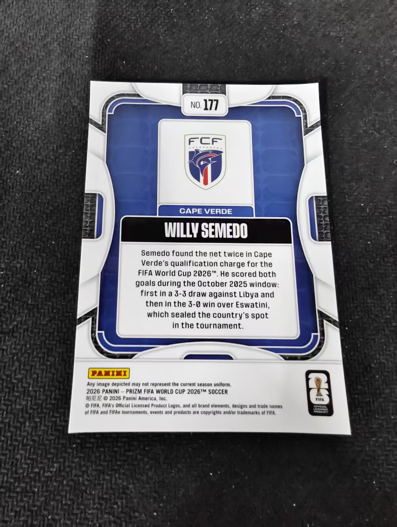 2026 Panini World Cup Prizm WILLY SEMEDO RC 世界杯pz 佛得角 威利 塞梅多 新秀 RC PZ世界杯 划痕 边角瑕疵#177
