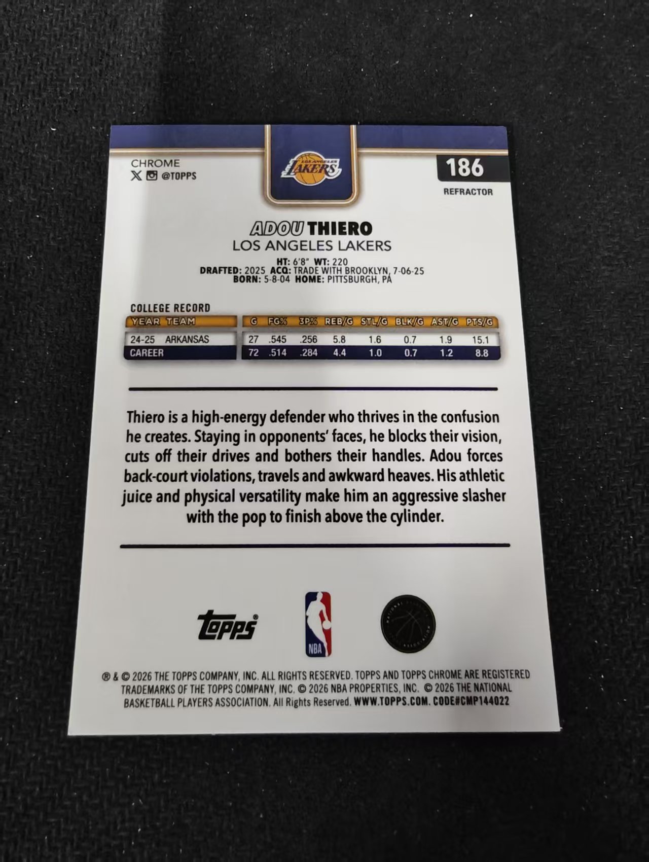 2026 Topps Chrome Update TCU 湖人 Adou Thiero 阿杜 蒂耶罗 新秀RC 银折 瑕疵如图