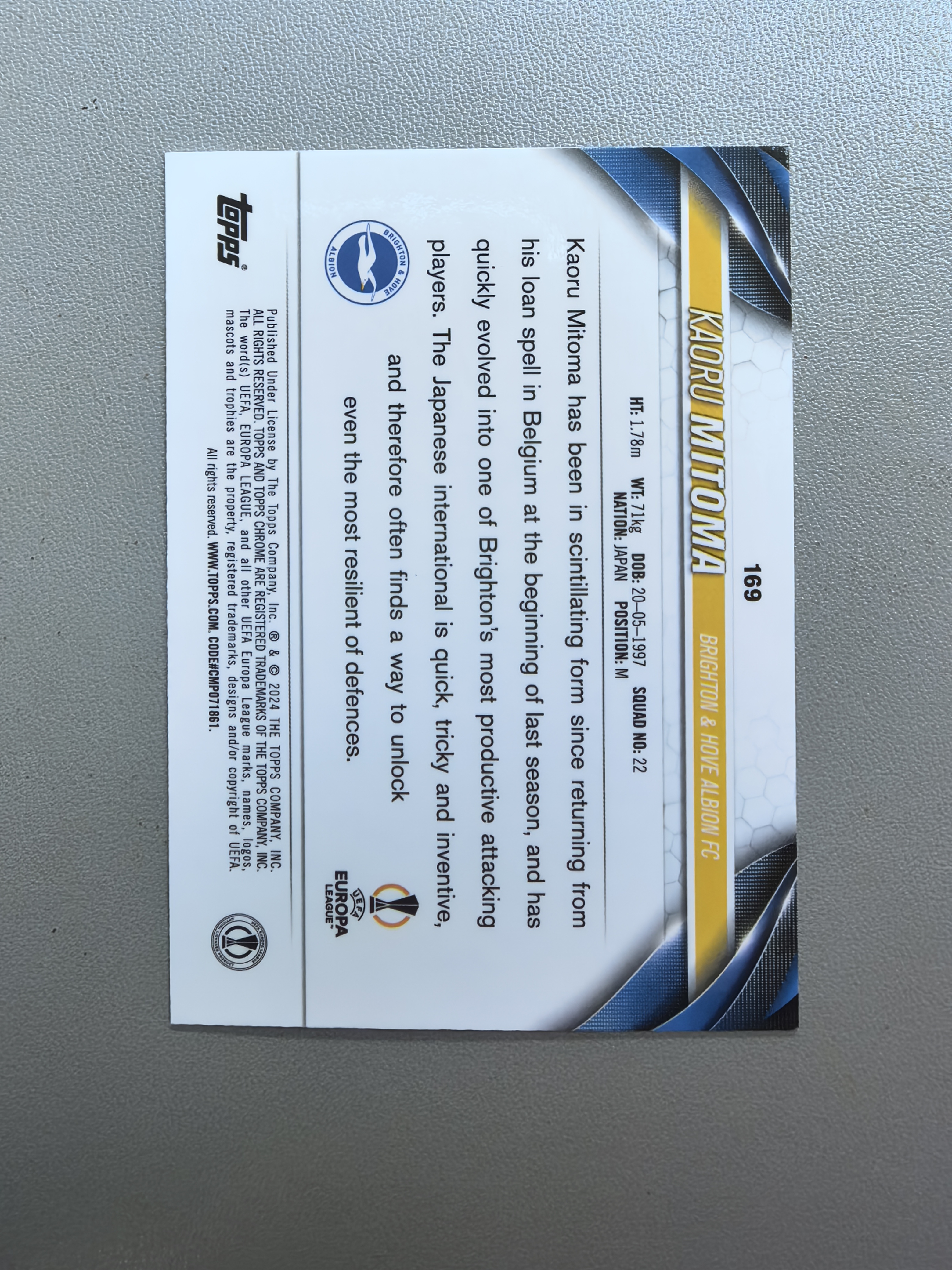 2024 Topps Chrome Kaoru Mitoma 三笘薰 76/99编 黄蓝 布莱顿 日本 三球王