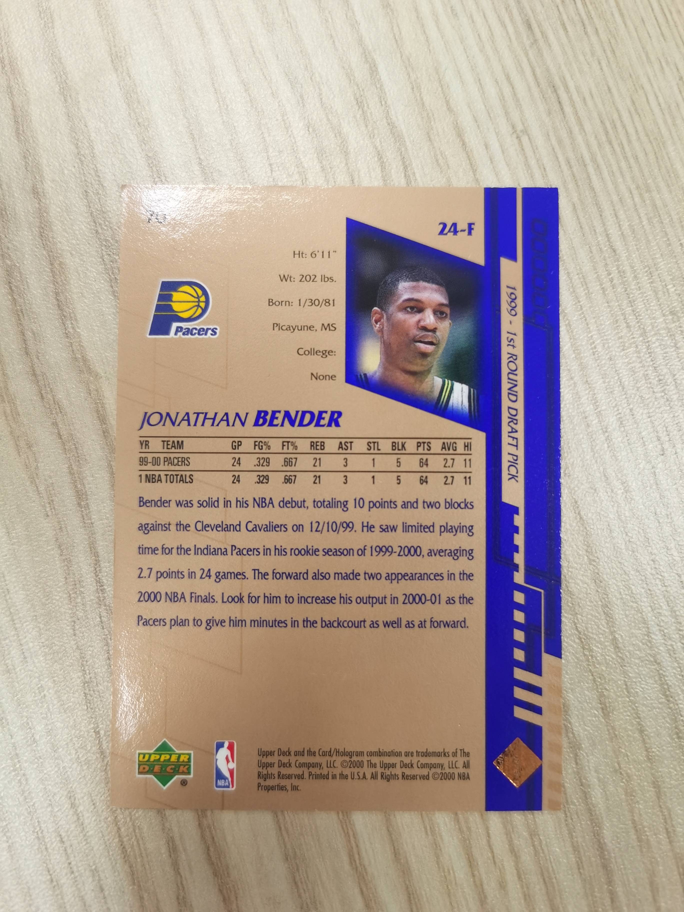 2000-01 Upper Deck Base Jonathan Bender 2000-01 乔纳森-本德 UD 铜标 步行者 硬通货 极具收藏价值