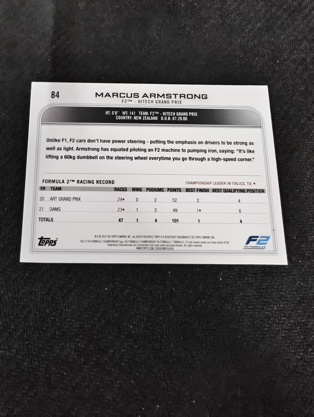 2022 Topps Chrome F1 Marcus Armstrong 马库斯 阿姆斯特朗 F2 黑白棋盘 划痕 边角瑕疵@84
