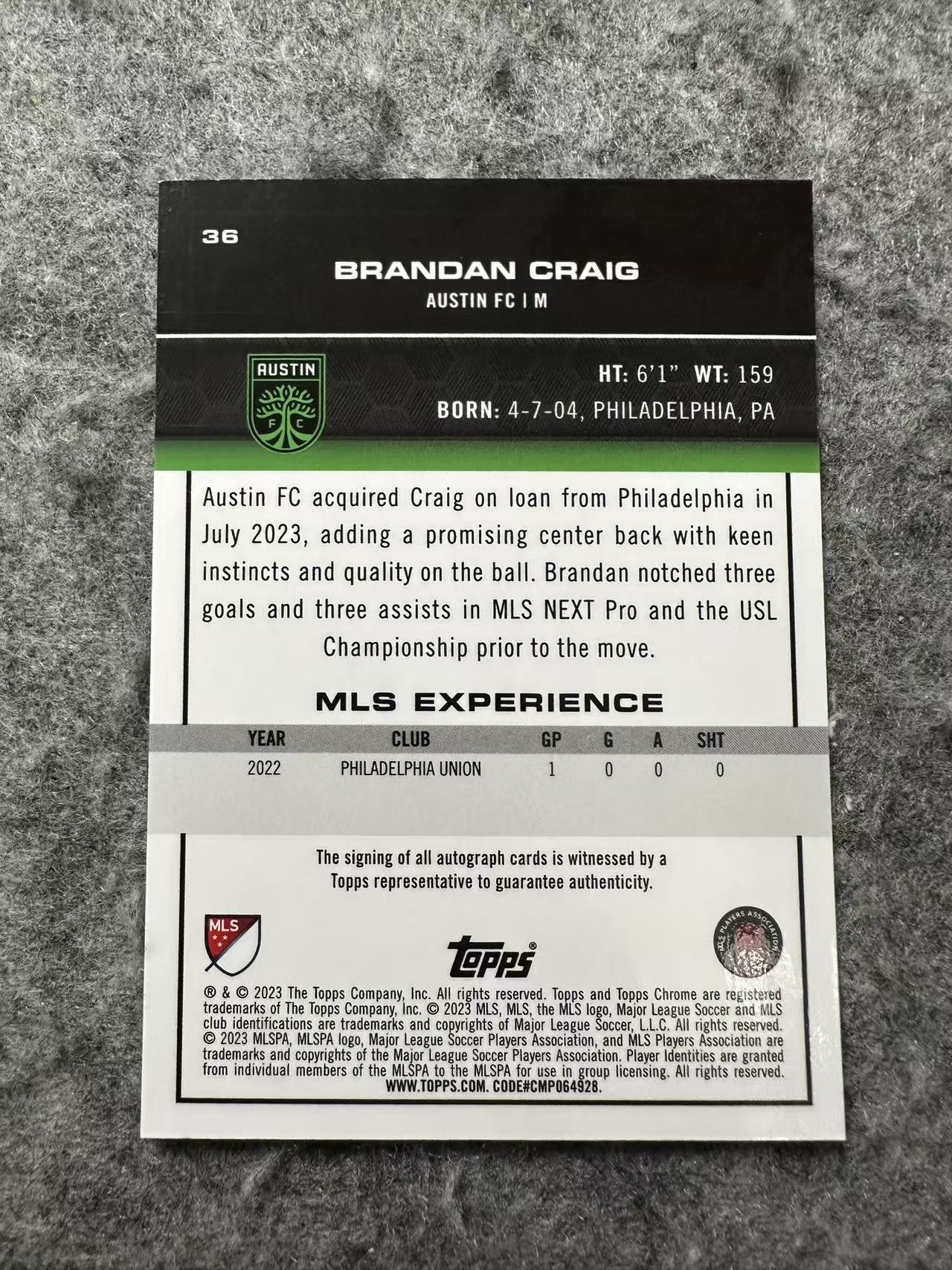 2023 Topps Chrome Brandan Craig RC MLS美职联 86/99编 超低编 费城联合 美国 Brandan Craig 克雷格 RC新秀 签字 绿折 折射 专收必备