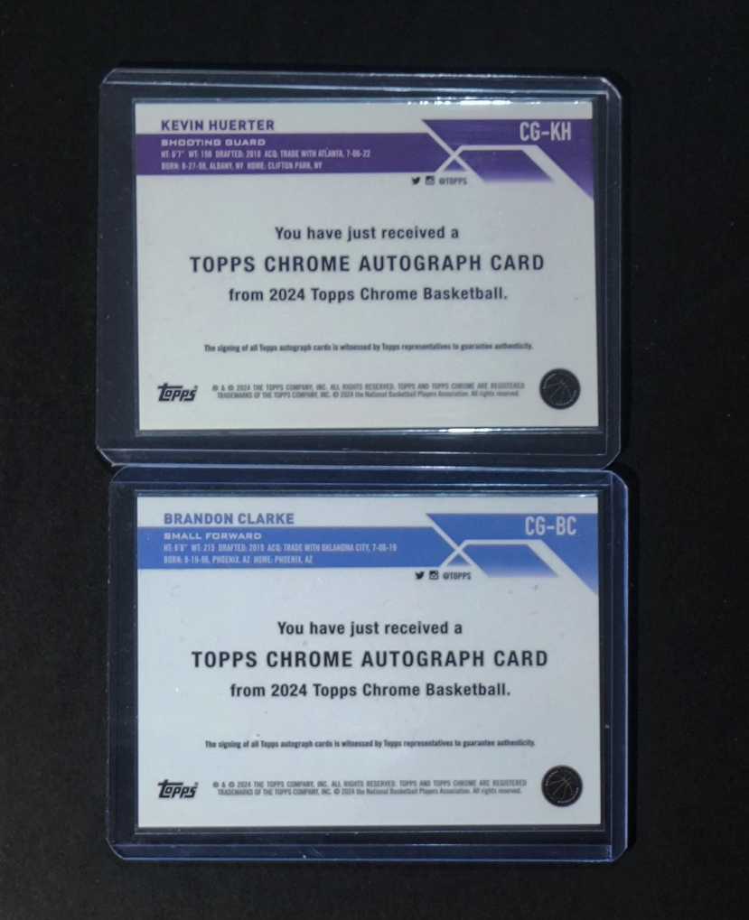 2024 Topps Chrome Kevin Huerter 国王 凯文-赫尔特 灰熊 布兰登-克拉克 金折 签字 贴签 带编 首编 限量01/50 /50 2张lot 打包 实卡很美 专收必备