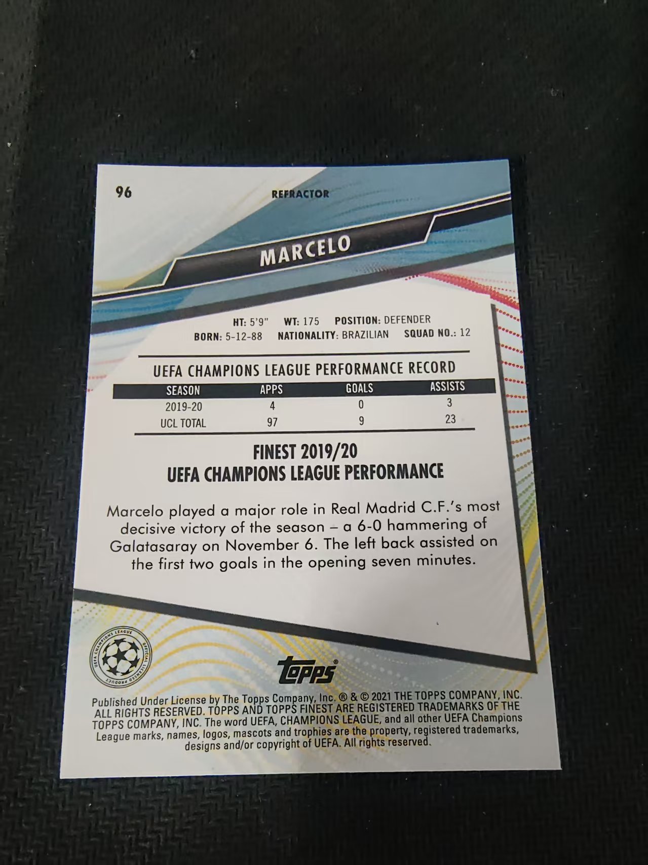 【可合并,不累计】2021 Topps Finest Marcelo 欧冠 马塞洛 皇马 皇家马德里 银折 #96