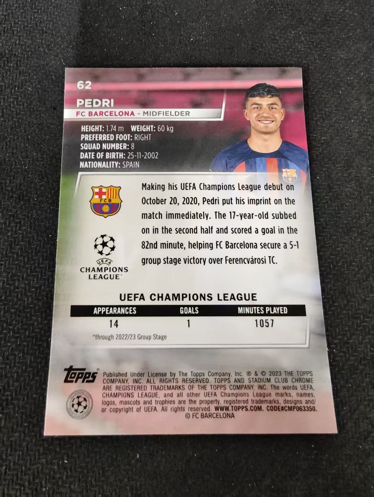 【可合并,不累计】2023 Topps Stadium Club Chrome Pedri 佩德里 金童 佩刀 西班牙 巴萨 欧冠 竞技场 不保卡品 介意勿拍 #62