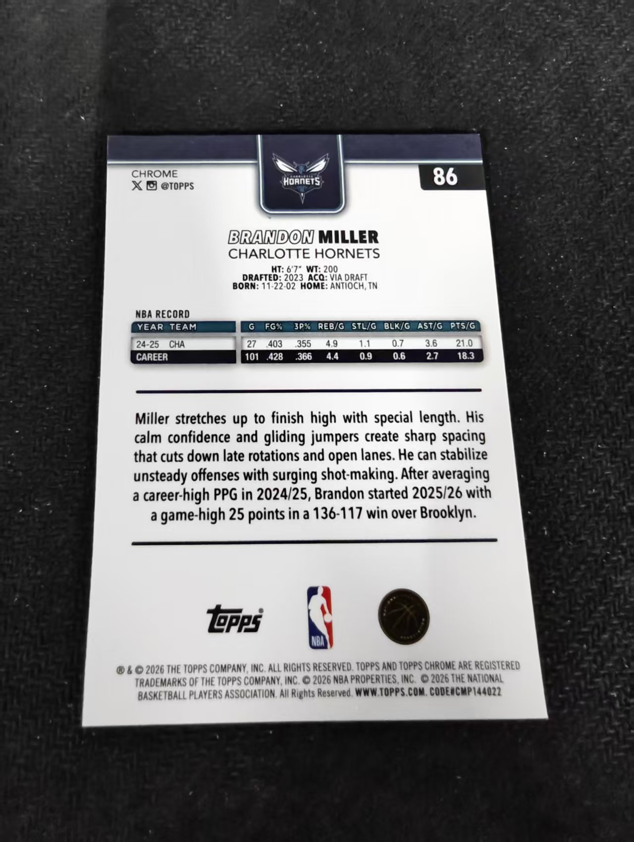 2026 Topps Chrome Update Brandon Miller 布兰登 米勒 黄蜂 TCU 划痕 边角瑕疵 #86