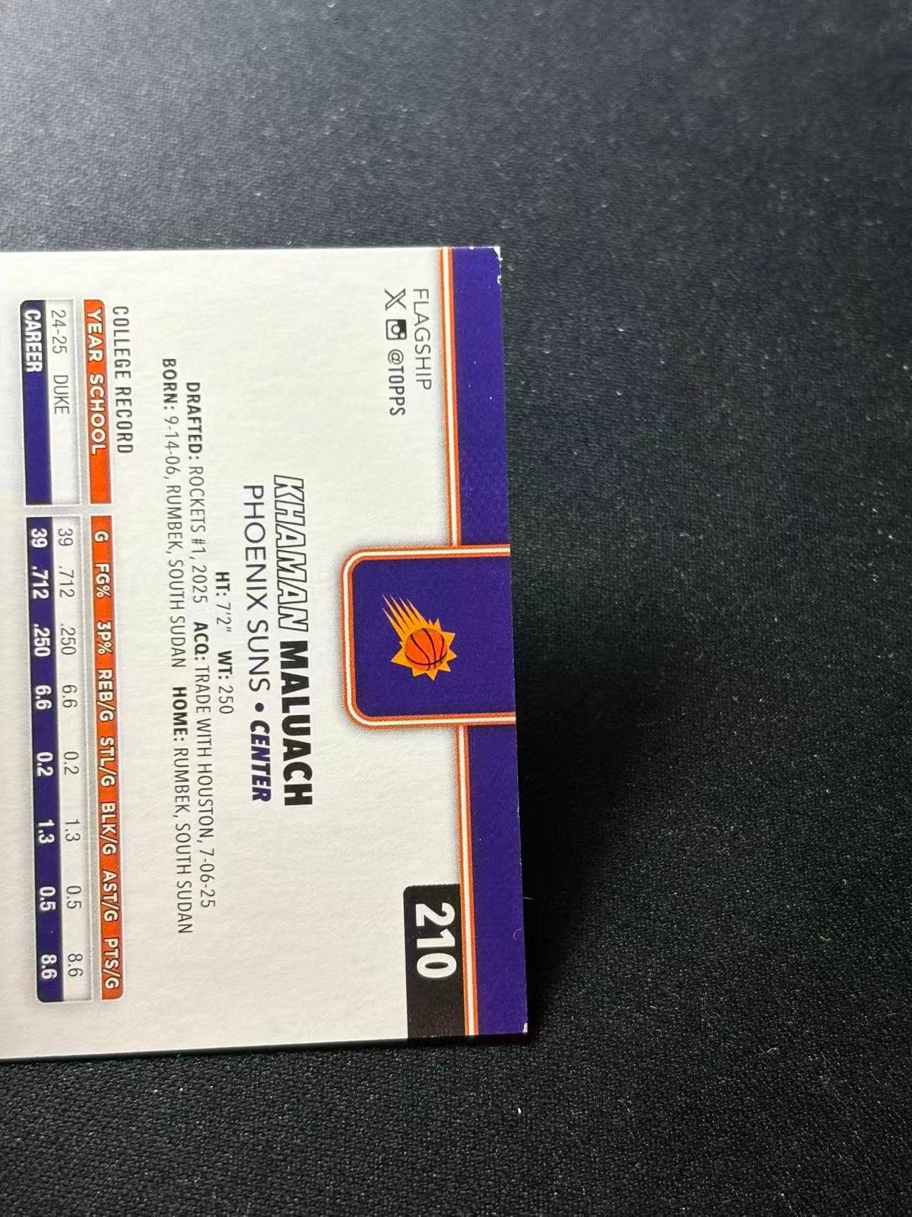 【梦卡拍卖】2025 Topps Flagship Khaman Maluach 太阳 新秀 卡曼 马鲁阿奇 /68编 黑折 细节如图 #DD# 未衬