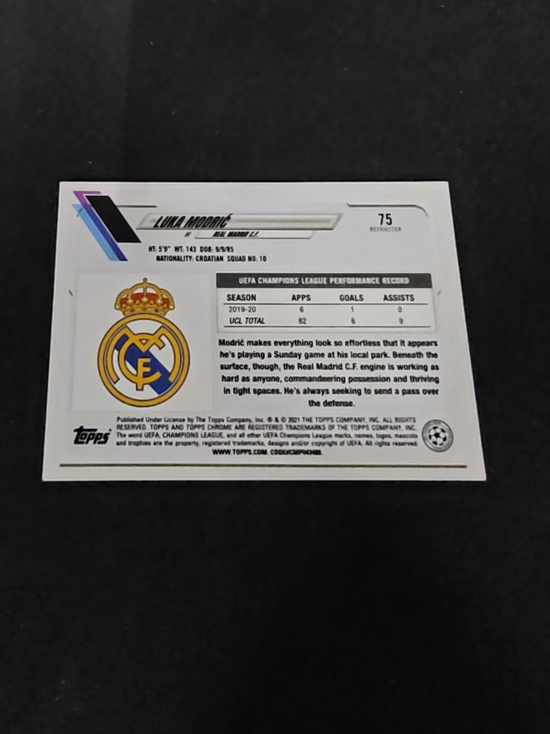 【可合并,不累计】2021 Topps Chrome Luka Modric 欧冠TF 皇马 莫德里奇 魔笛 欧冠 银折 划痕 边角瑕疵 #75
