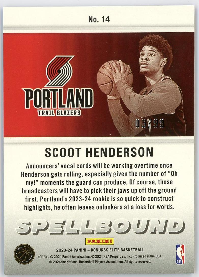 2023-24 Panini Elite Scoot Henderson RC 斯库特亨德森 新秀 精英 03/99编 顺位同背 字母 特卡 蓝平行 开拓者 卡品如图 0MJ9