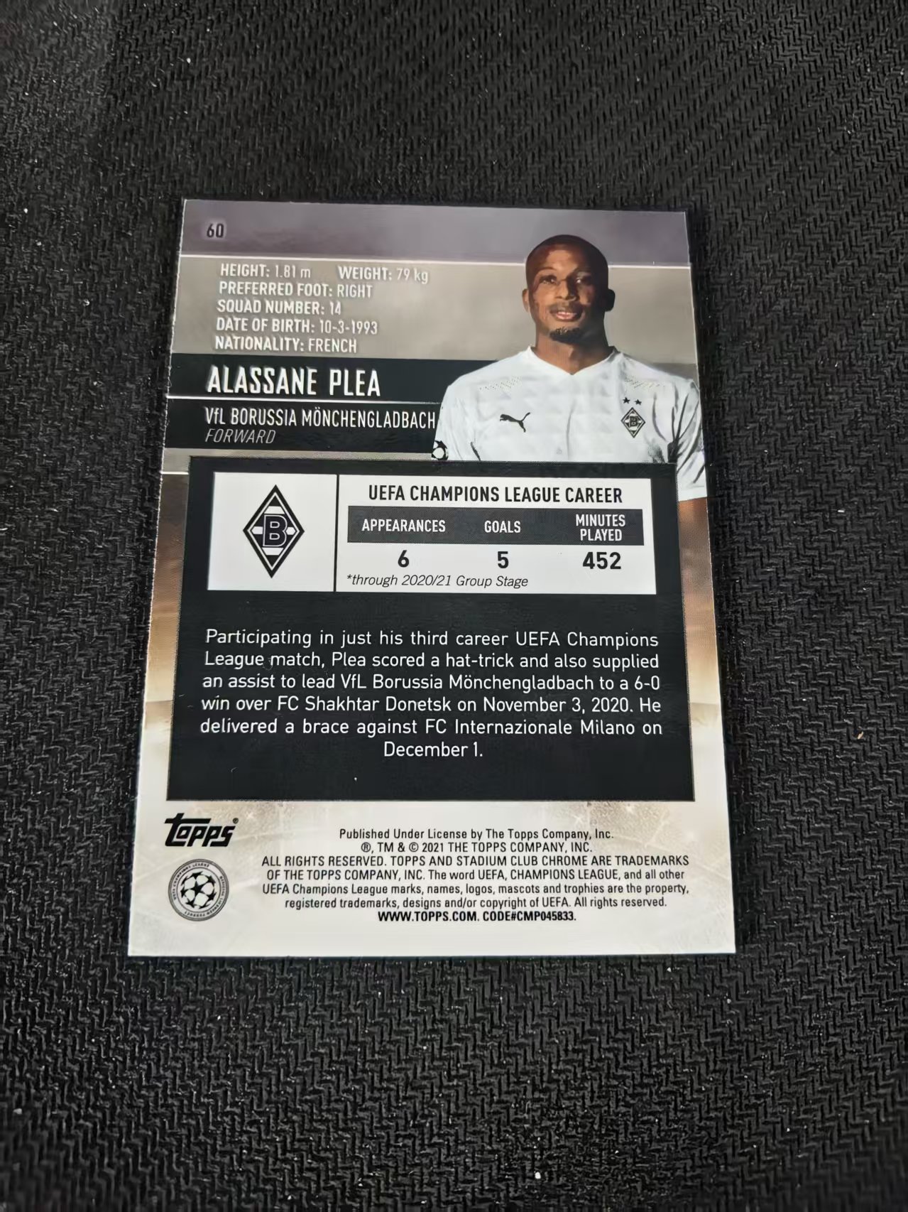 【可合并,不累计】2021 Topps Stadium Club Chrome Alassane Plea 门兴 普利 欧冠 竞技场 不保卡品 介意勿拍 #60
