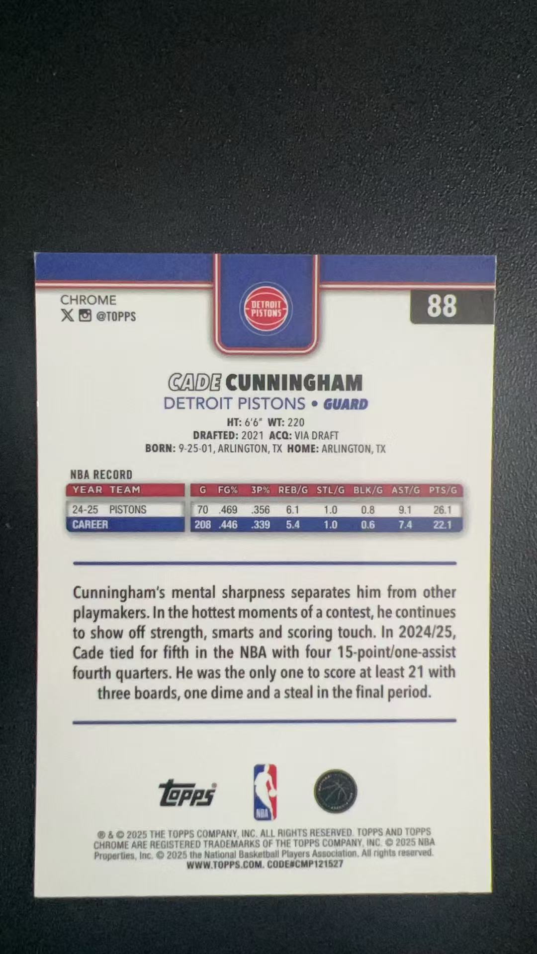 2025 Topps Chrome Cade Cunningham #88 B20