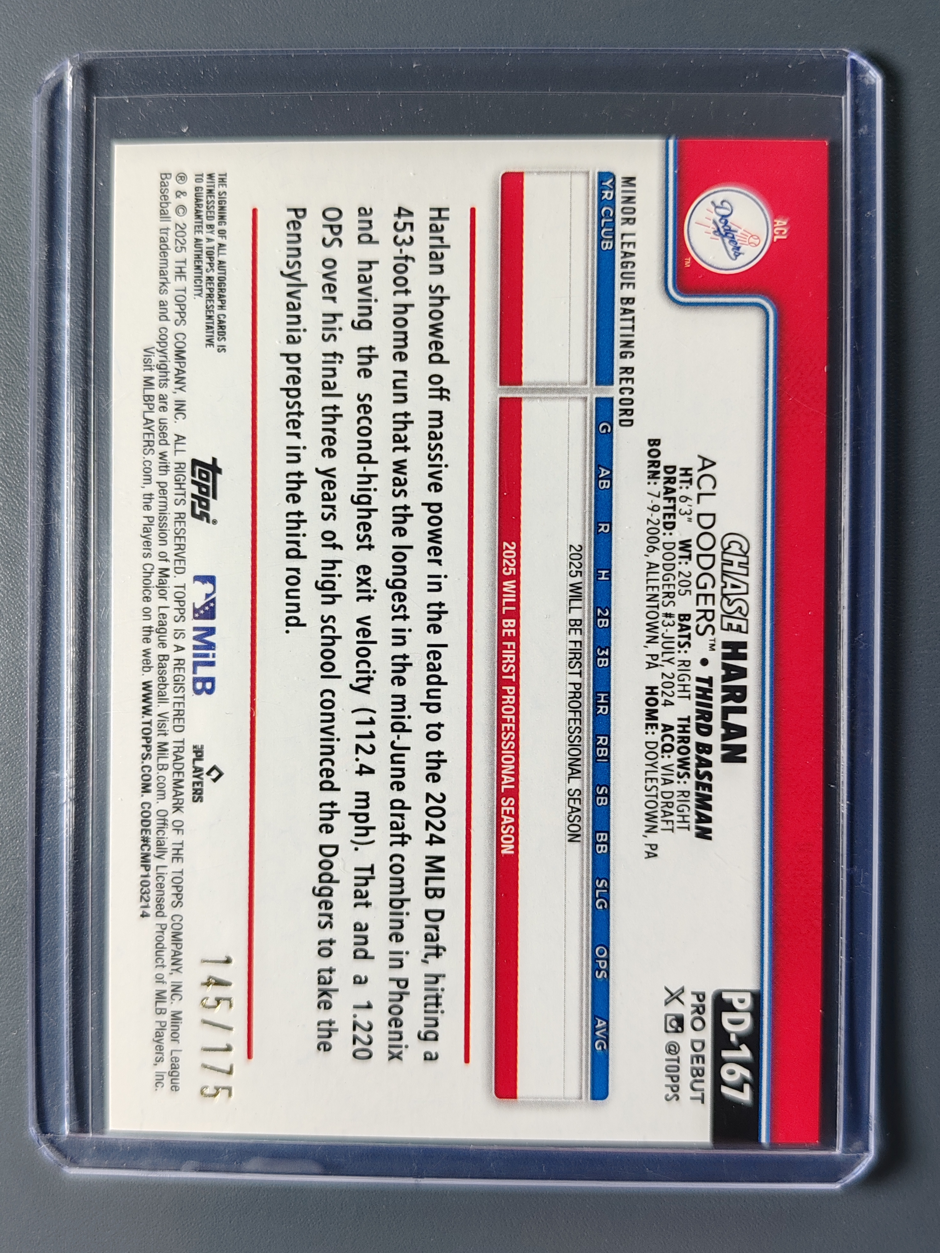 2025 Topps Pro Debut Chase Harlan 道奇 小联盟首秀 签字!175编!折射!【9527】
