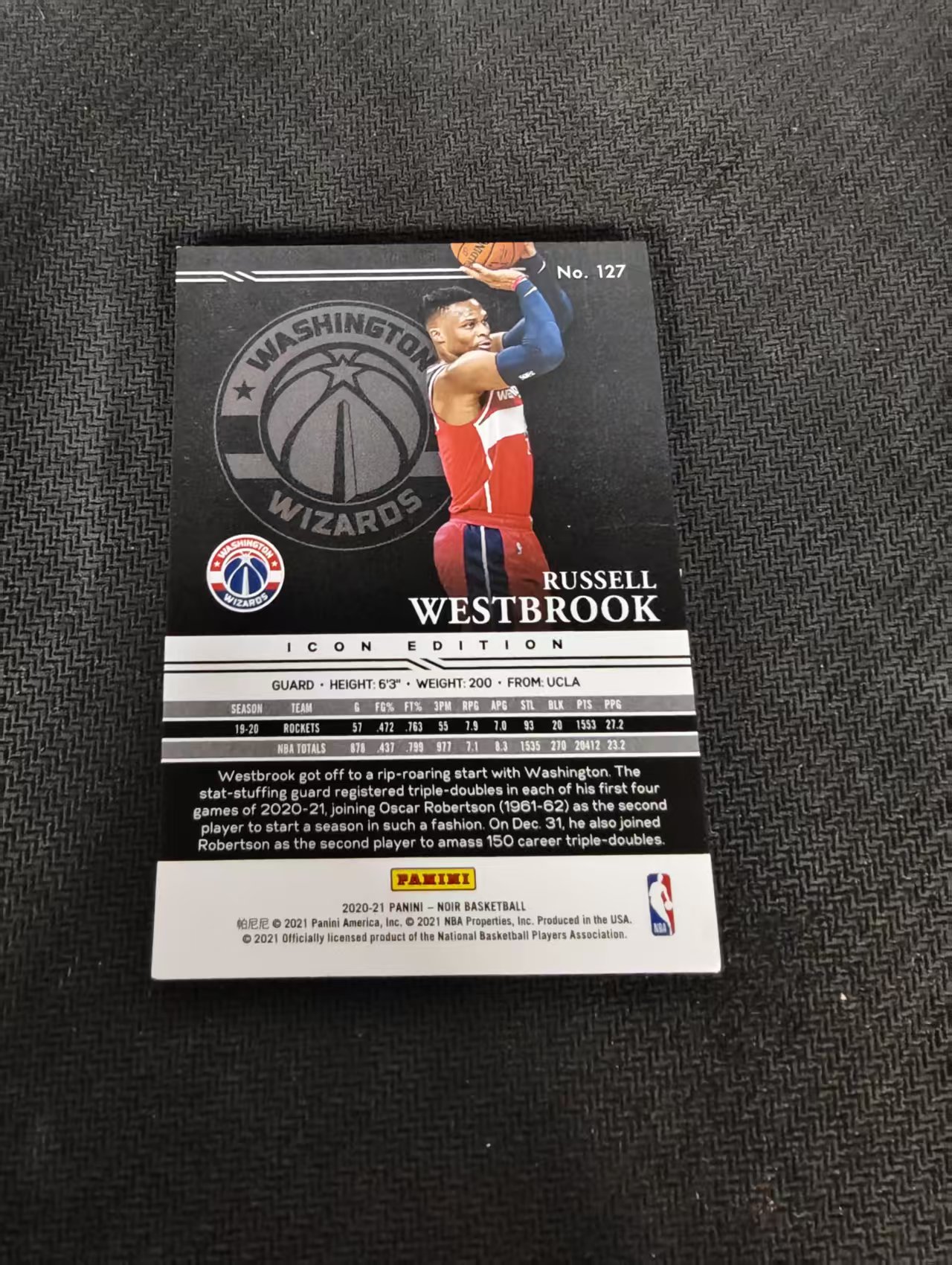 【汽水拍卖】2020-21 Panini Noir Russell Westbrook 威斯布鲁克 威少 奇才 99编 瑕疵如图