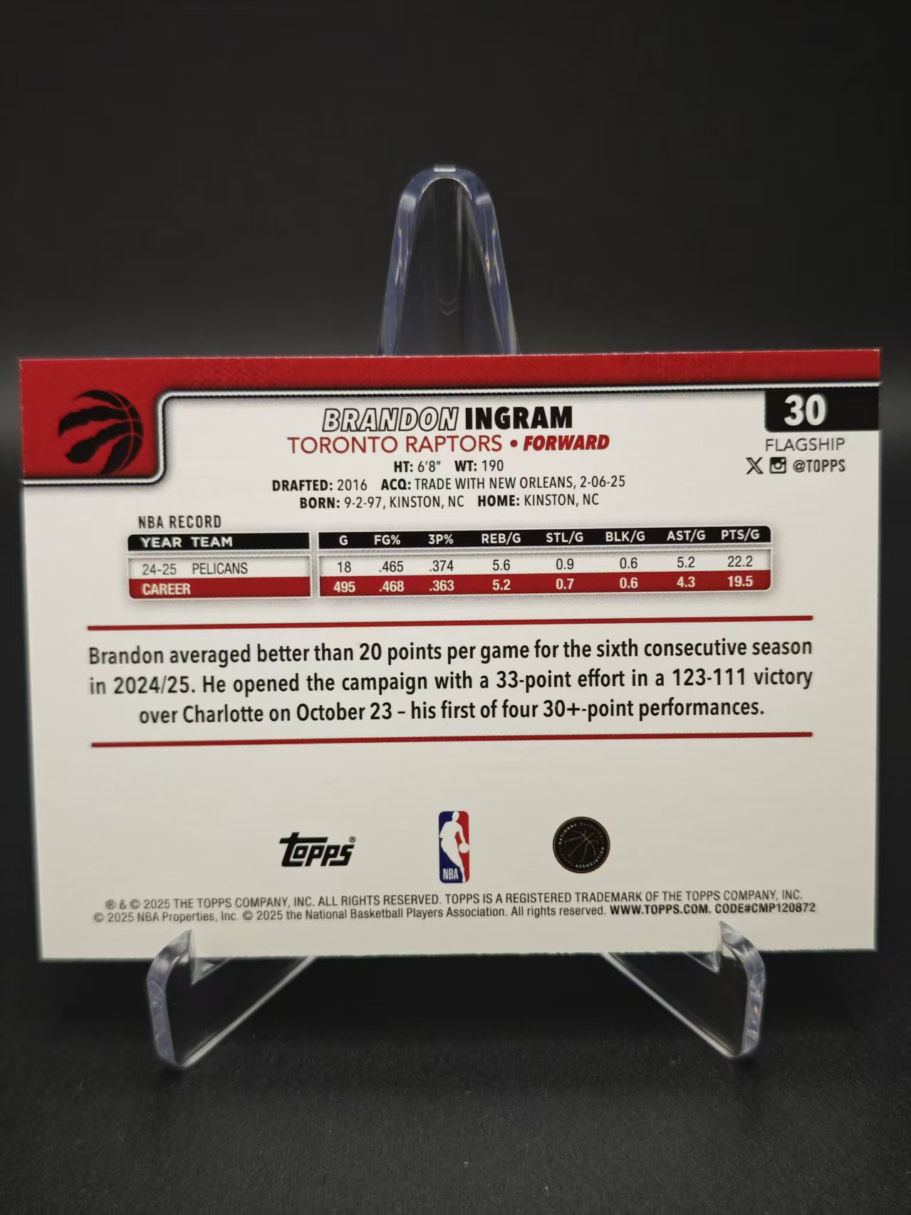 2025 【六六代卖 预付快速回款】 TOPPS Brandon Ingram 英格拉姆 湖人 猛龙 123/250编 紫折 BASE 横版(套子001)