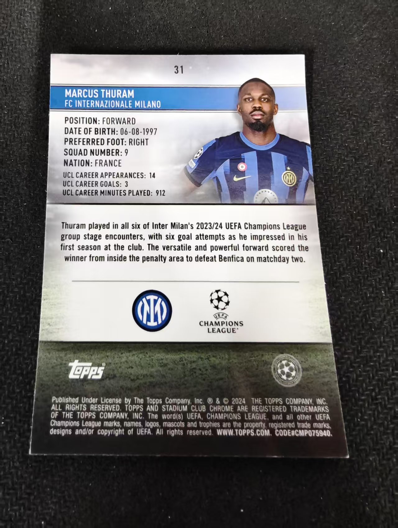 【可合并,不累计】2024 Topps Stadium Club Chrome Marcus Thuram 图拉姆 国际米兰 竞技场 欧冠 不保卡品 介意勿拍 #31